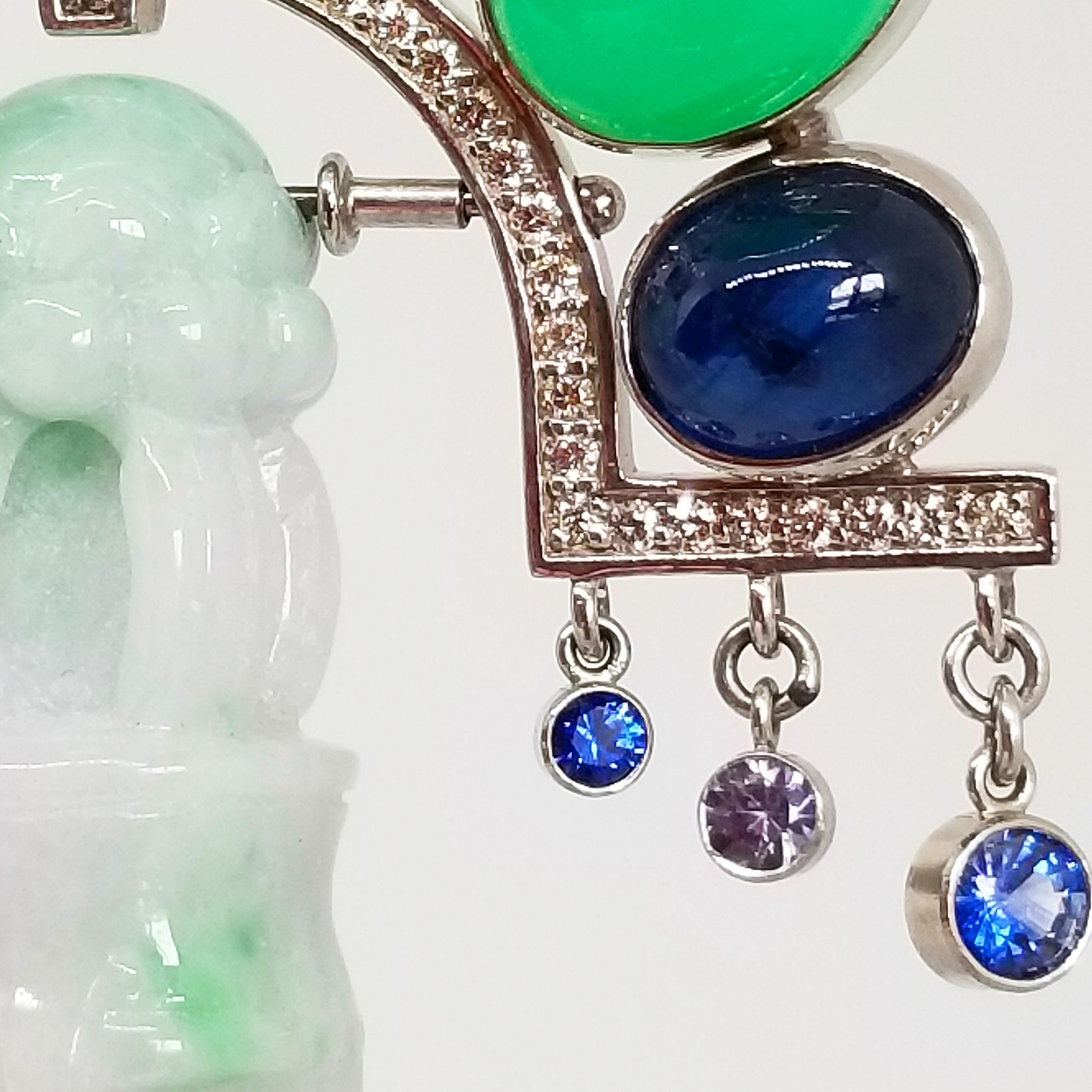 Deco Orient Necklace Natural Burma Green Lavender Jade Ghost Dagger 18K Sapphire For Sale 1