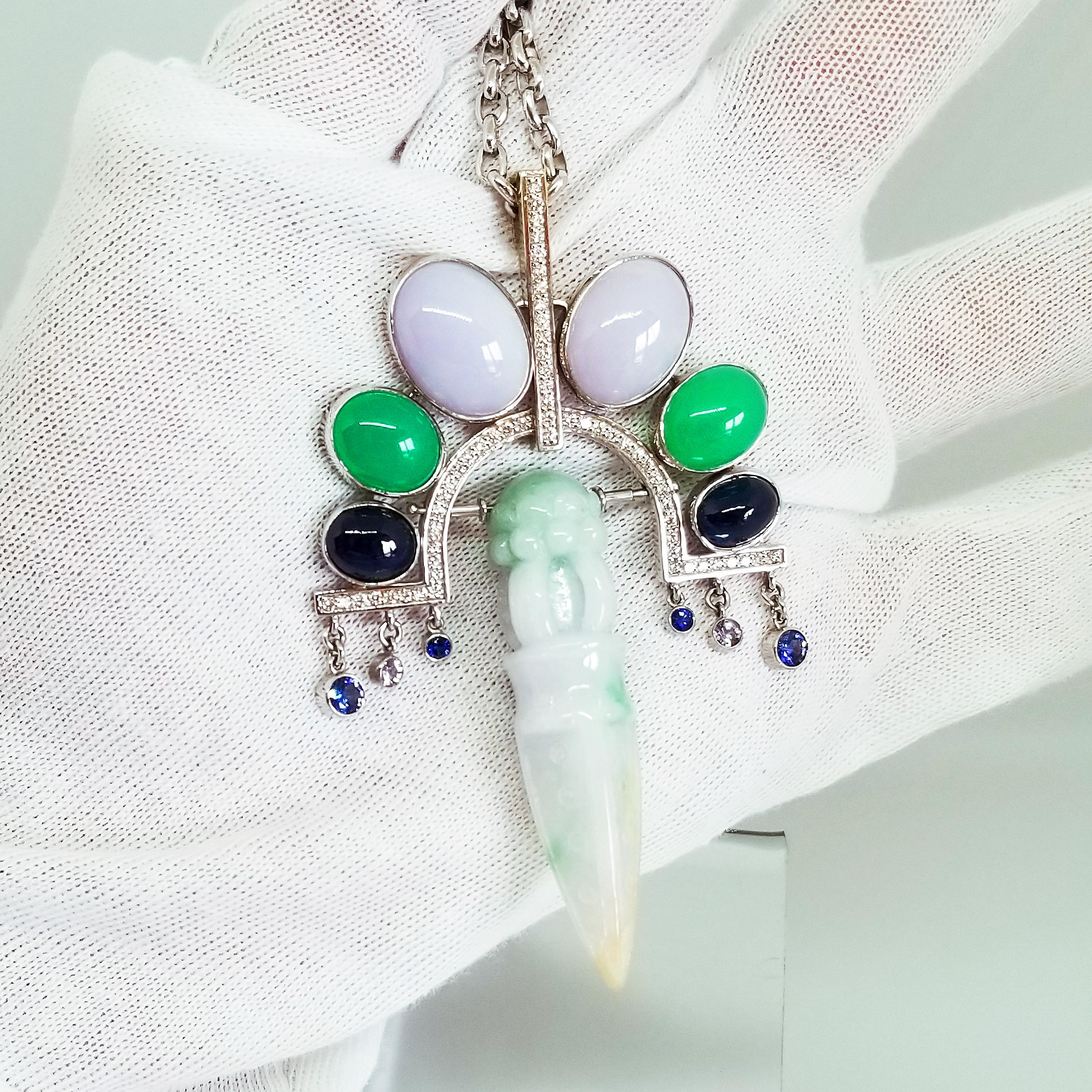 Deco Orient Necklace Natural Burma Green Lavender Jade Ghost Dagger 18K Sapphire For Sale 2