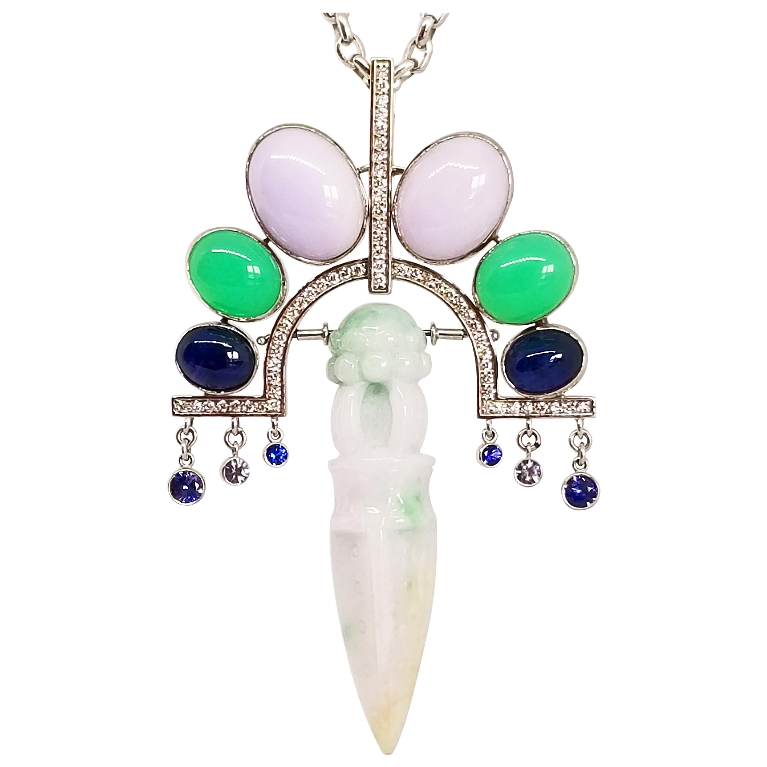Deco Orient Necklace Natural Burma Green Lavender Jade Ghost Dagger 18K Sapphire For Sale