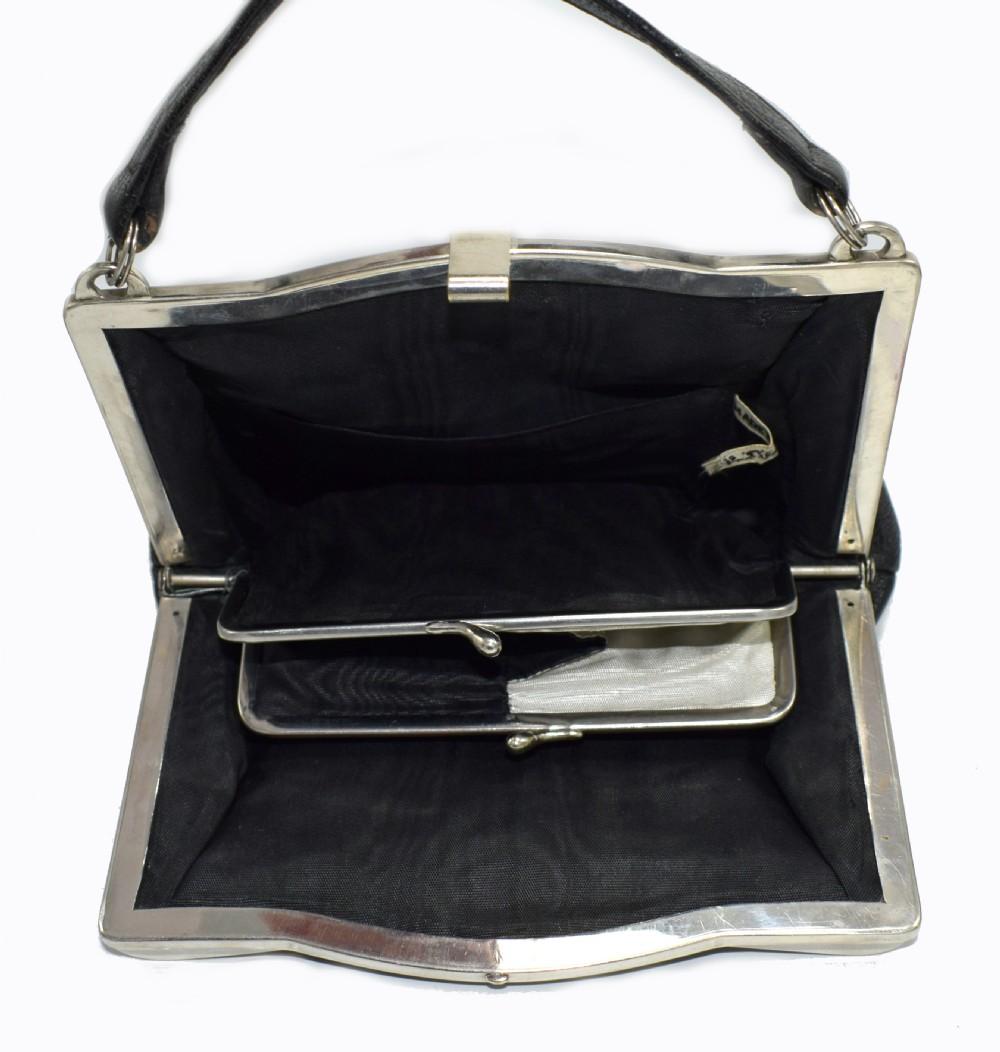 English Art Deco Original 1930s Vintage Black Leather and Chrome Ladies Bag For Sale