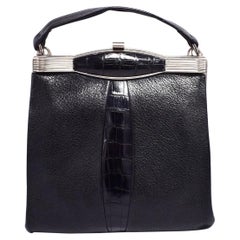 Art Deco Original 1930s Vintage Black Leather and Chrome Ladies Bag
