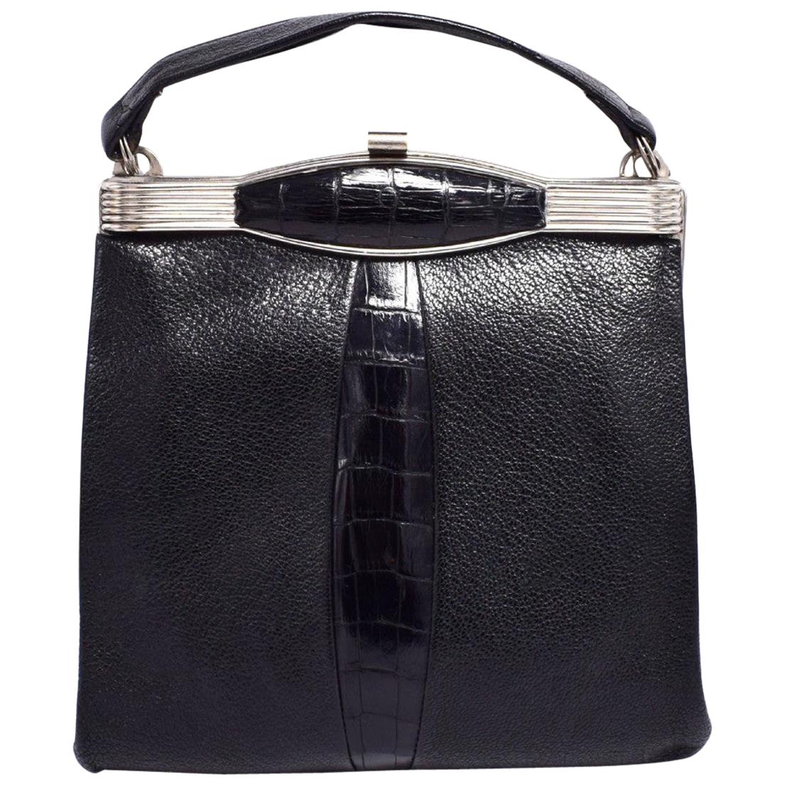 Art Deco Original 1930s Vintage Black Leather and Chrome Ladies Bag