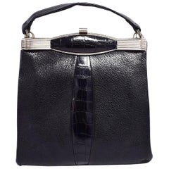 Art Deco Original 1930s Retro Black Leather and Chrome Ladies Bag