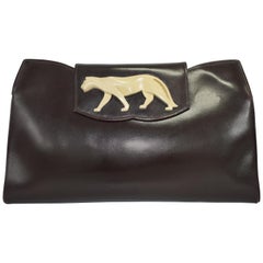 Art Deco Original 1930s Vintage Brown Leather and Bakelite Panther Clutch Bag	