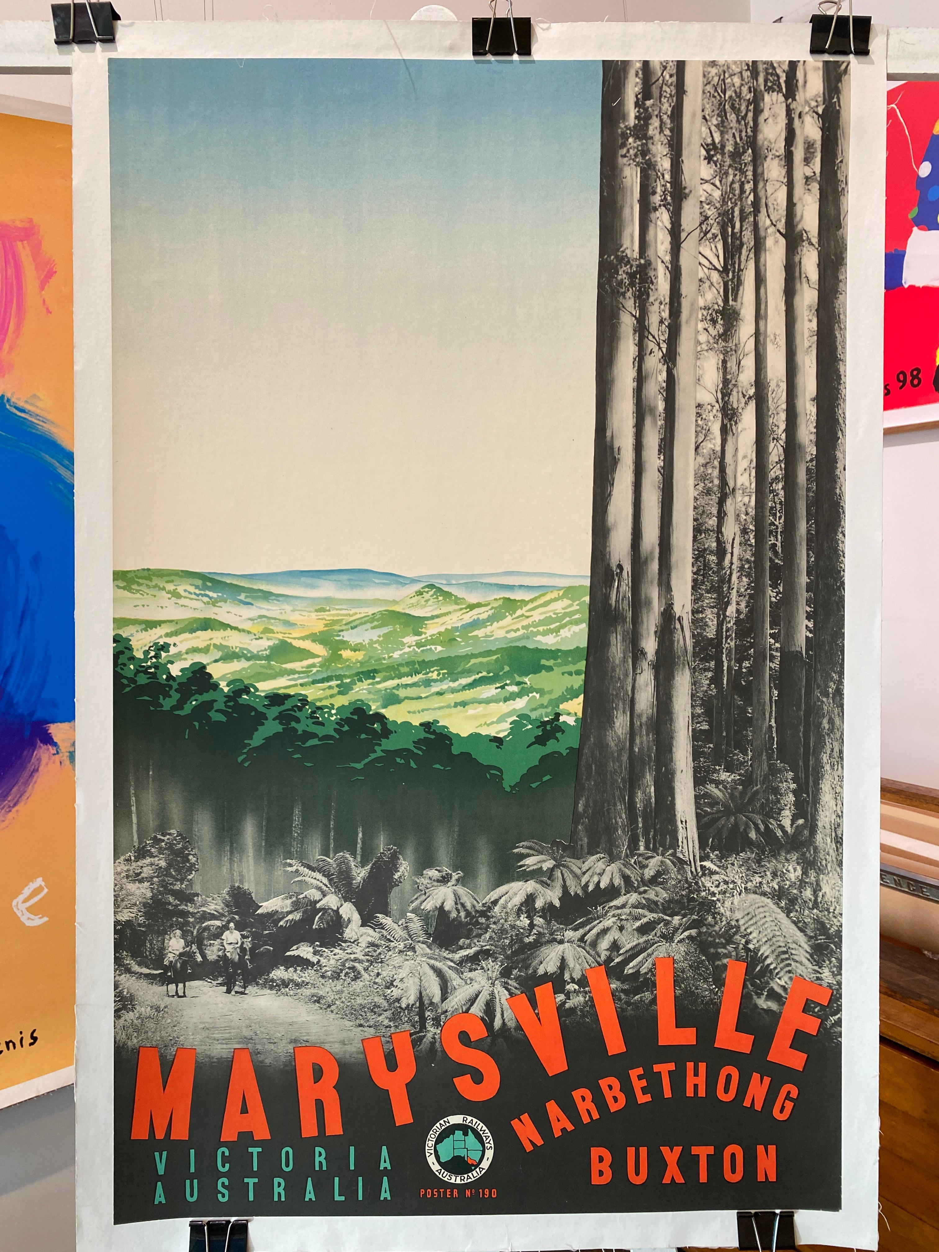 This original poster was created to promote tourism to the Australian town of Marysville. At that time, the main mode of transportation was via train. Much later, as people began to drive, the train tracks were removed to make way for motorcars.