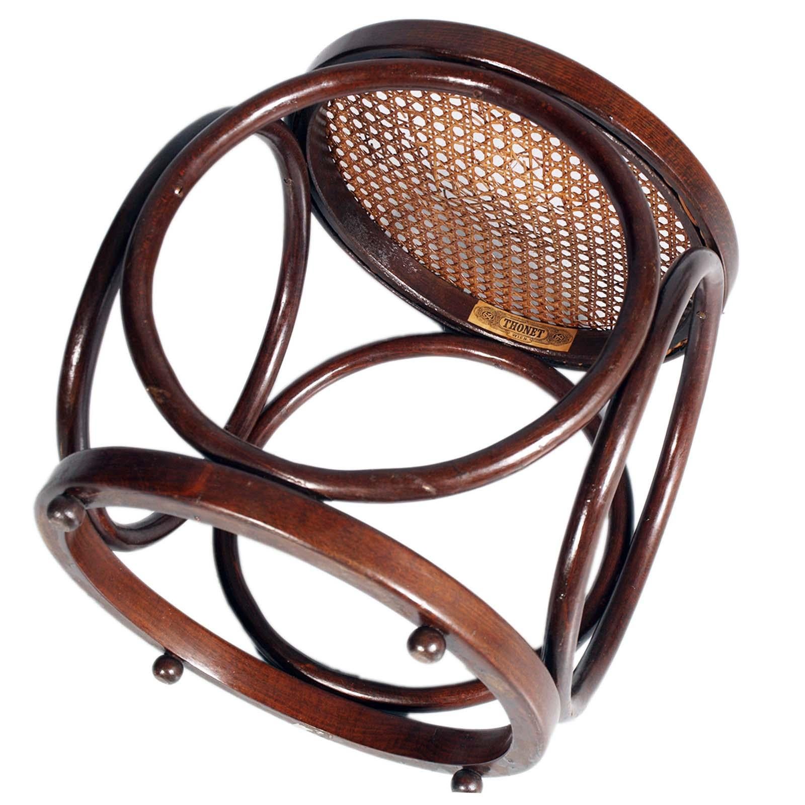 Austrian Art Deco Original Bentwood Stool , Rattan Cane Top, designed by Michael Thonet For Sale