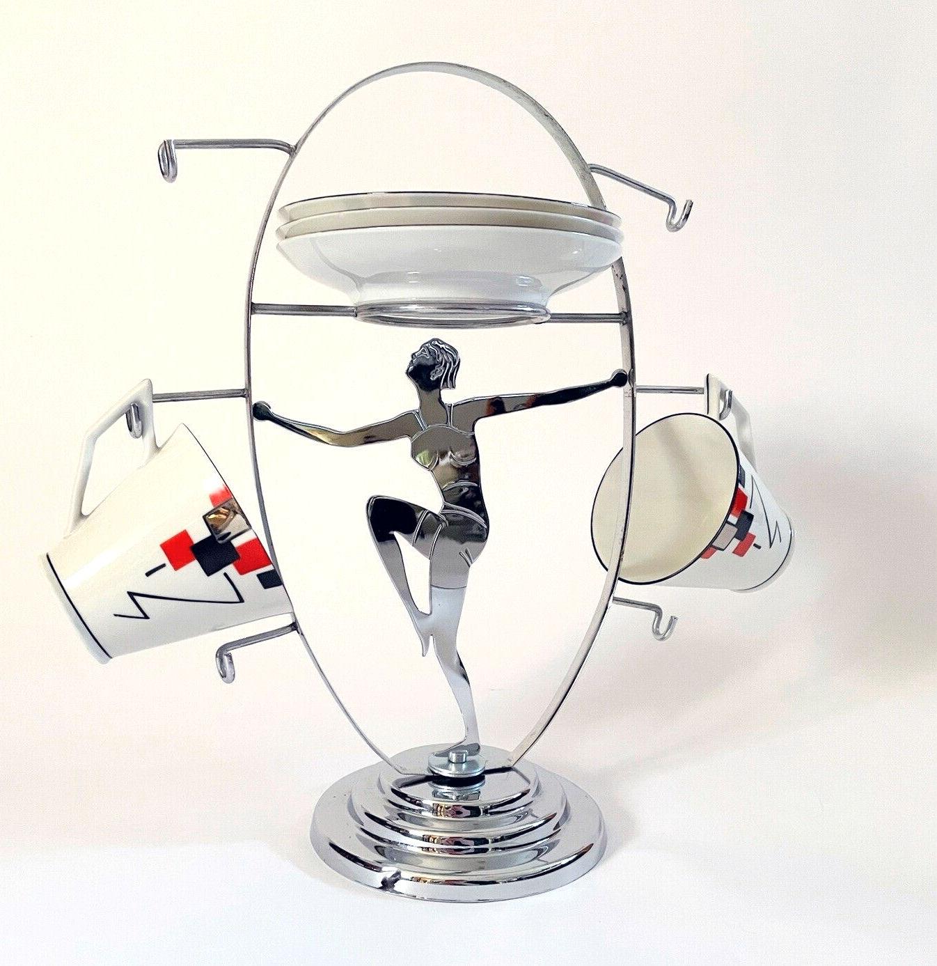 Art Deco Original Chrome Lady Teacup and Plate Stand , English, 1930s In Good Condition For Sale In Devon, England