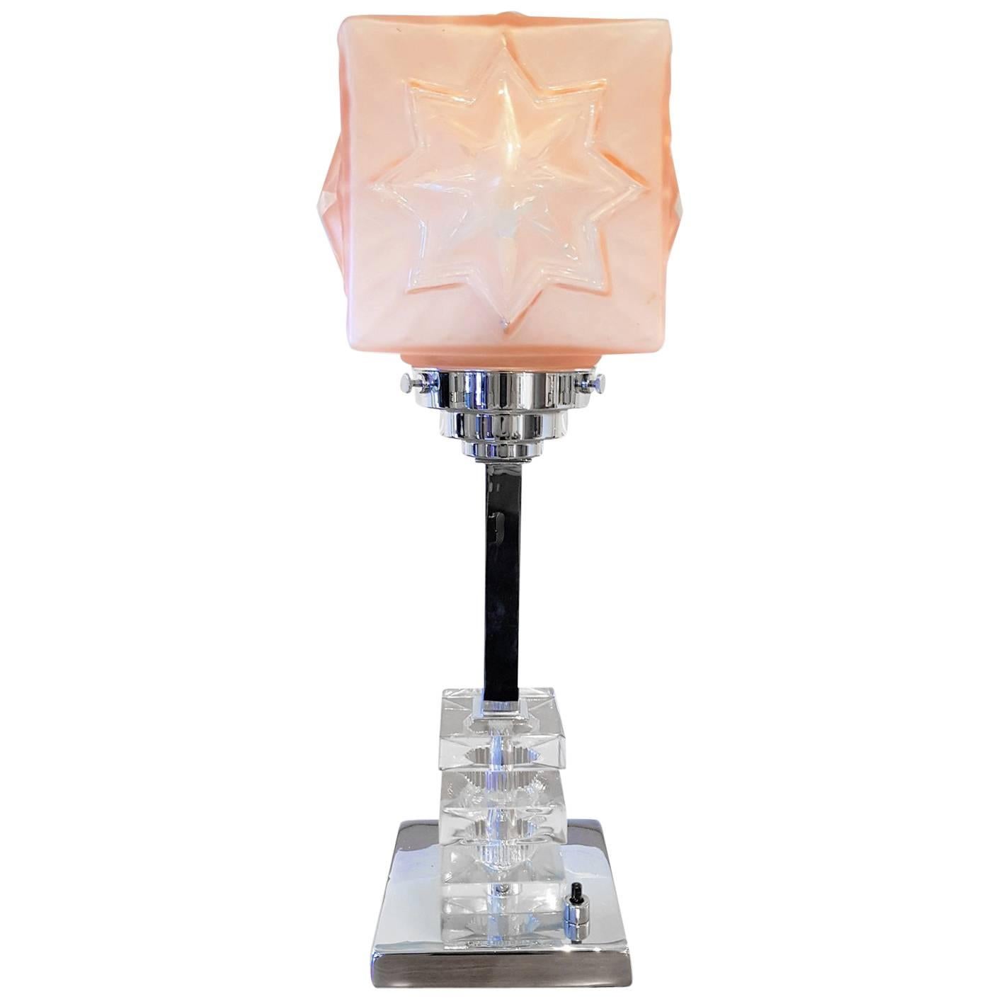 Art Deco Original Chrome Table Lamp with Tiered Glass Blocks For Sale