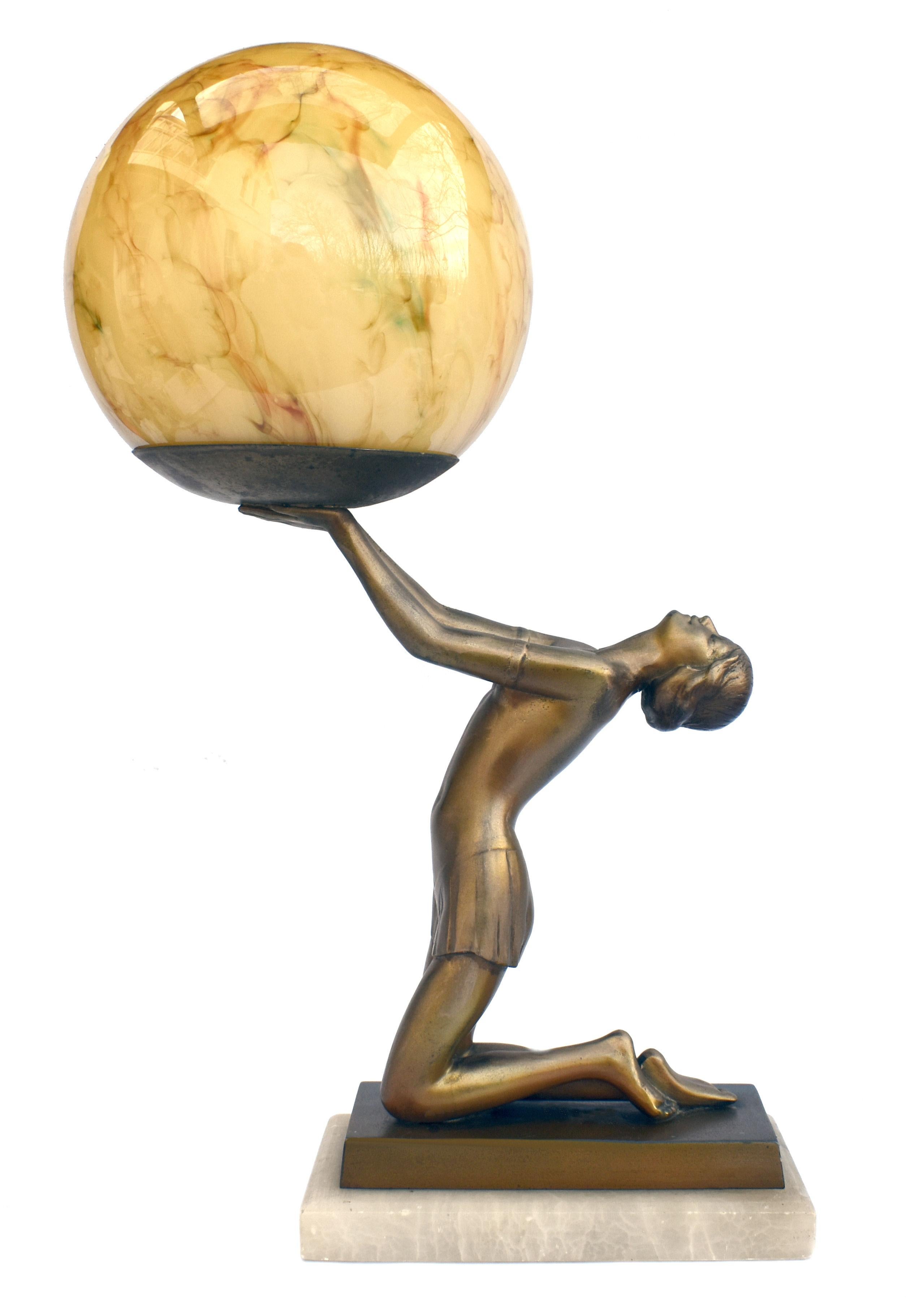 French Art Deco Original Cold Painted Spelter Lady Figural Lamp, c1930