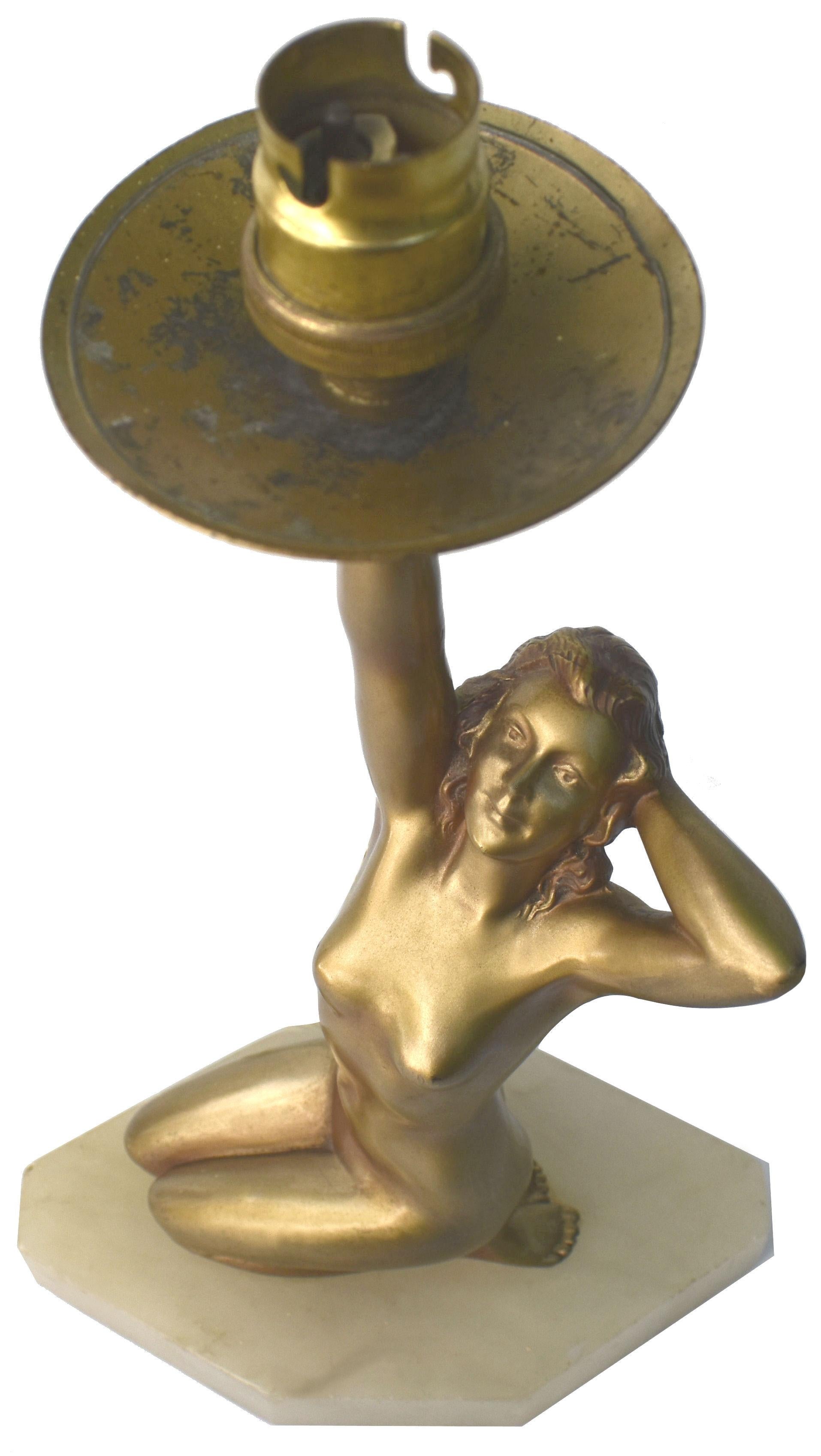 English Art Deco Original Cold Painted Spelter Lady Figural Lamp, c1930 For Sale