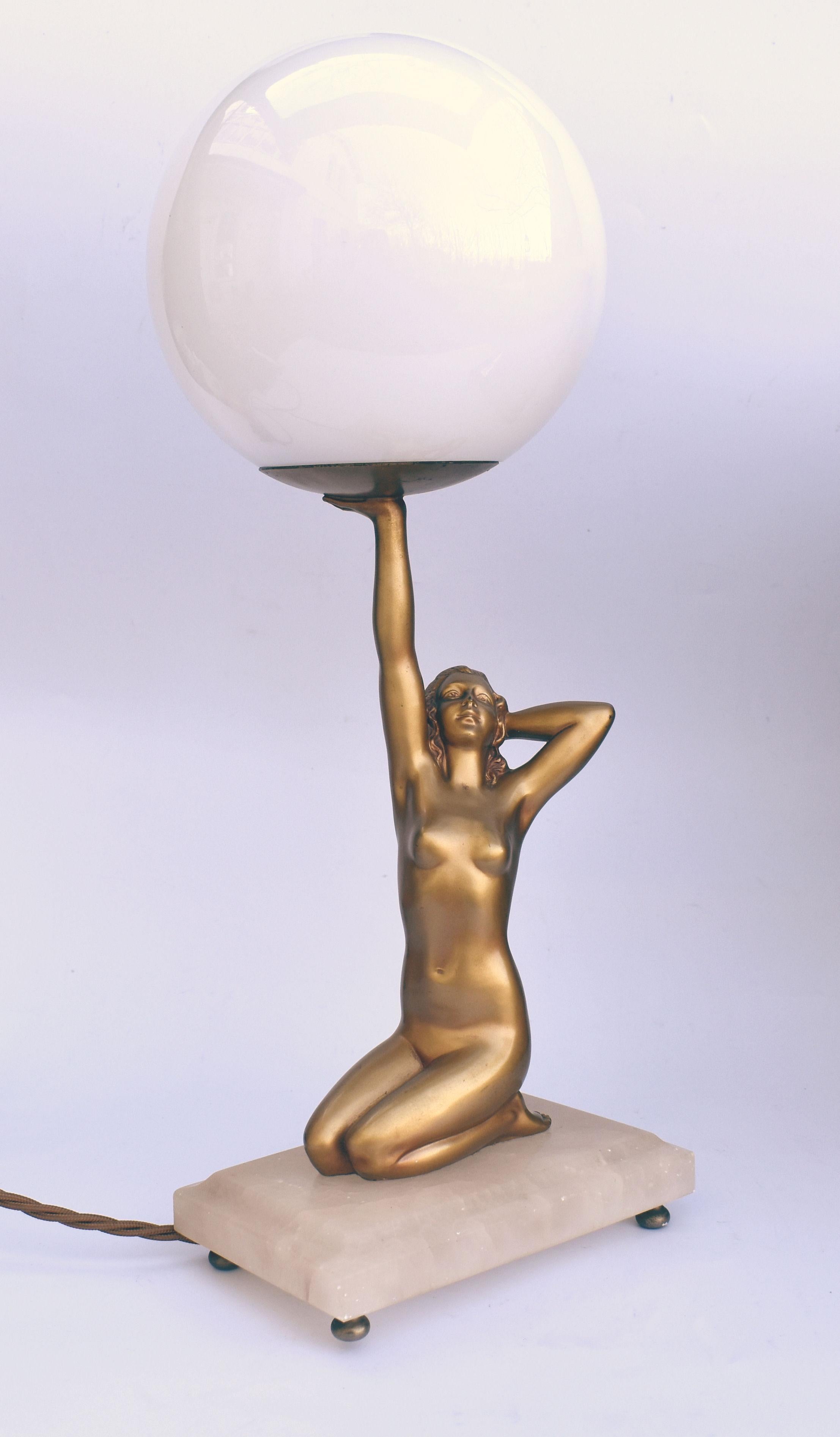 European Art Deco Original Cold Painted Spelter Lady Figural Lamp, C1930