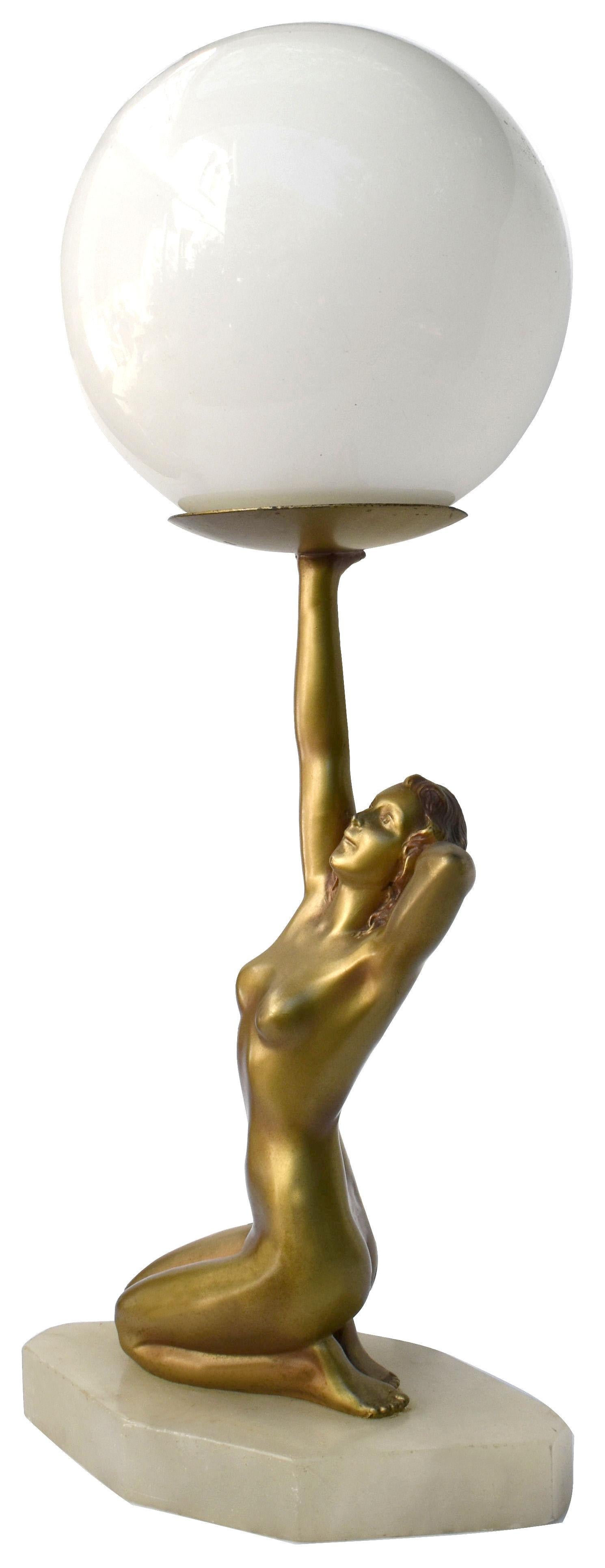 Art Deco Original Cold Painted Spelter Lady Figural Lamp, c1930 In Good Condition For Sale In Devon, England