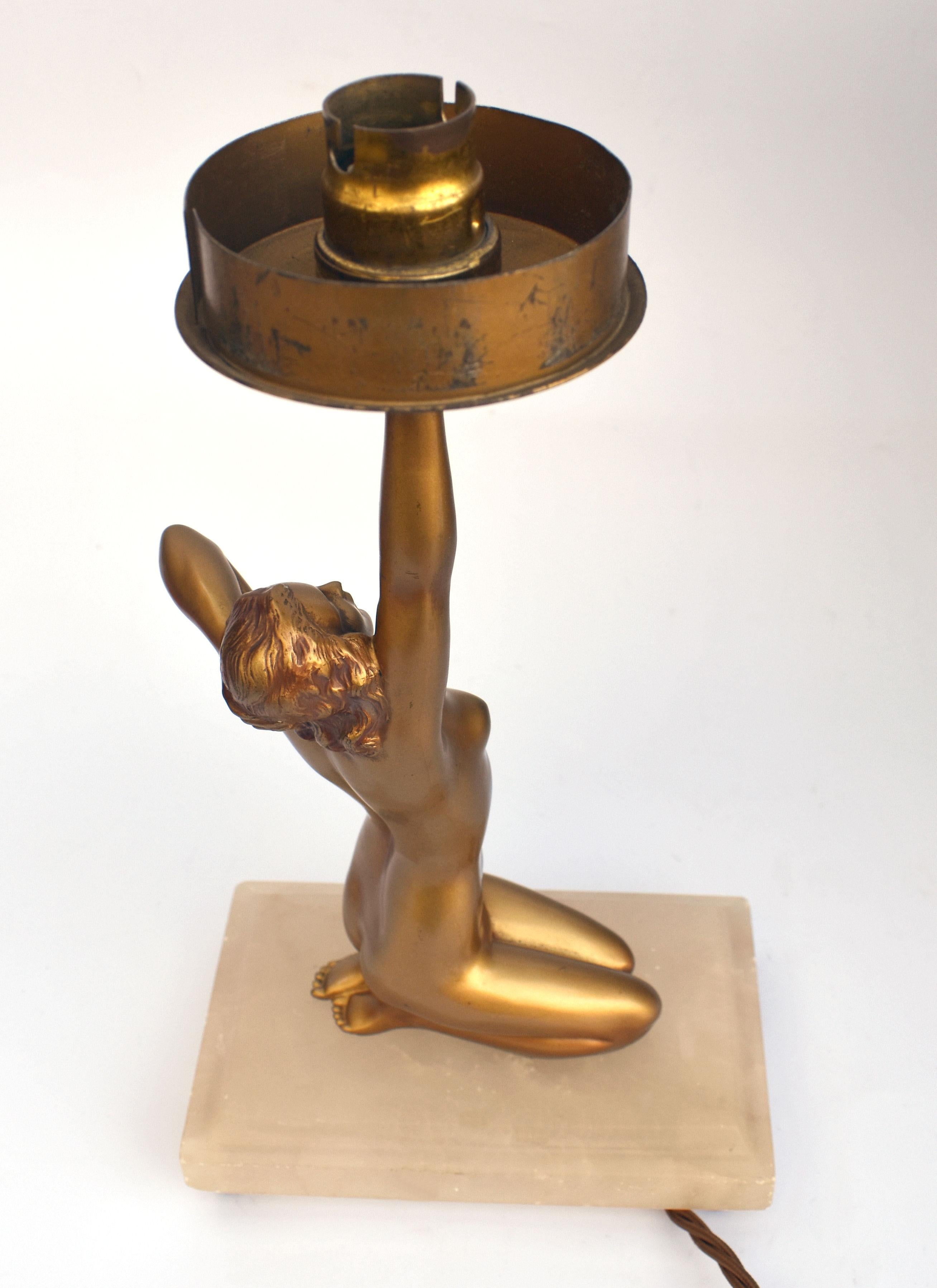 Art Deco Original Cold Painted Spelter Lady Figural Lamp, C1930 In Good Condition In Devon, England