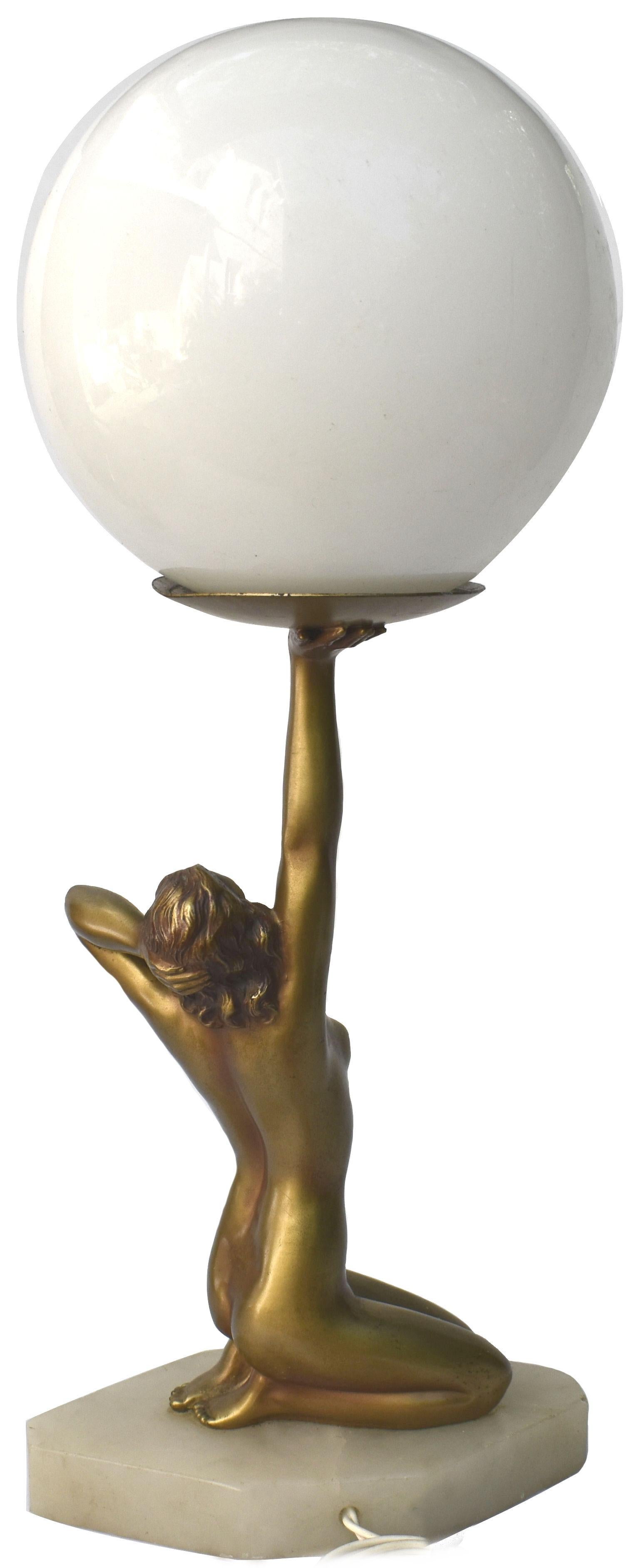 20th Century Art Deco Original Cold Painted Spelter Lady Figural Lamp, c1930 For Sale