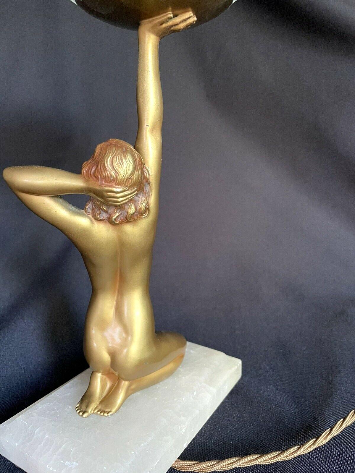 Glass Art Deco Original Cold Painted Spelter Lady Figural Lamp, C1930