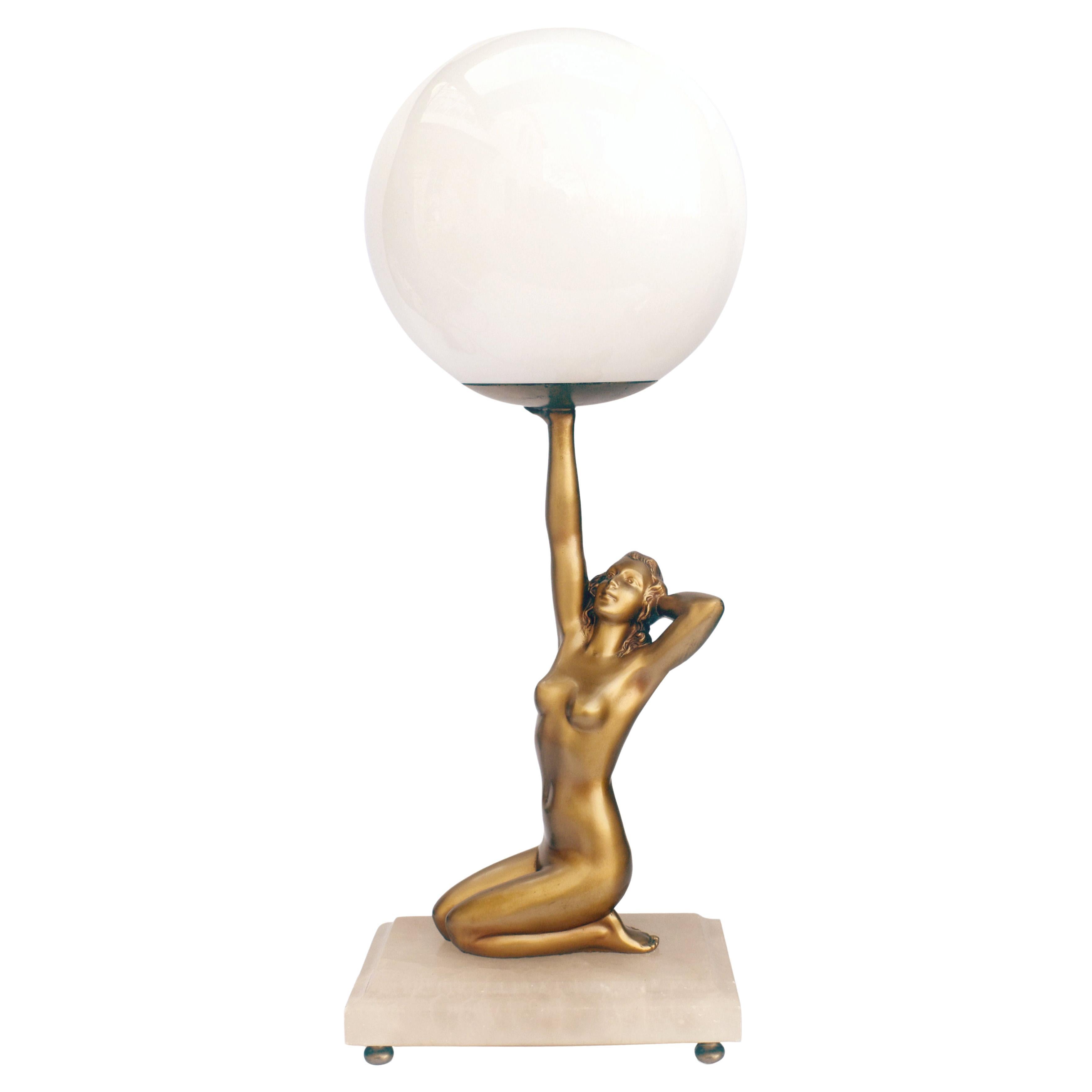 Art Deco Original Cold Painted Spelter Lady Figural Lamp, C1930