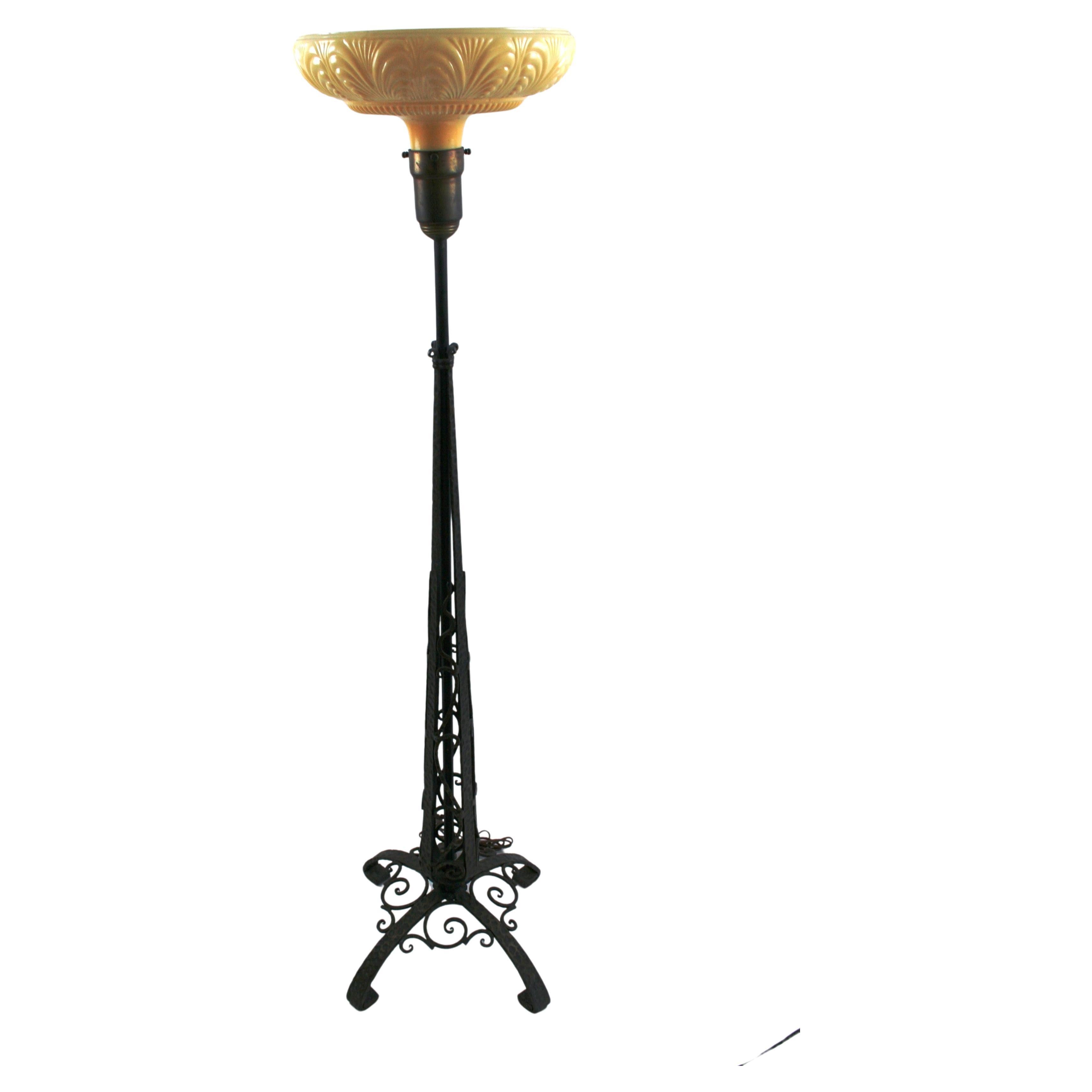 Art Deco, Original, Floor Lamp, Iron and New Glass Shade For Sale