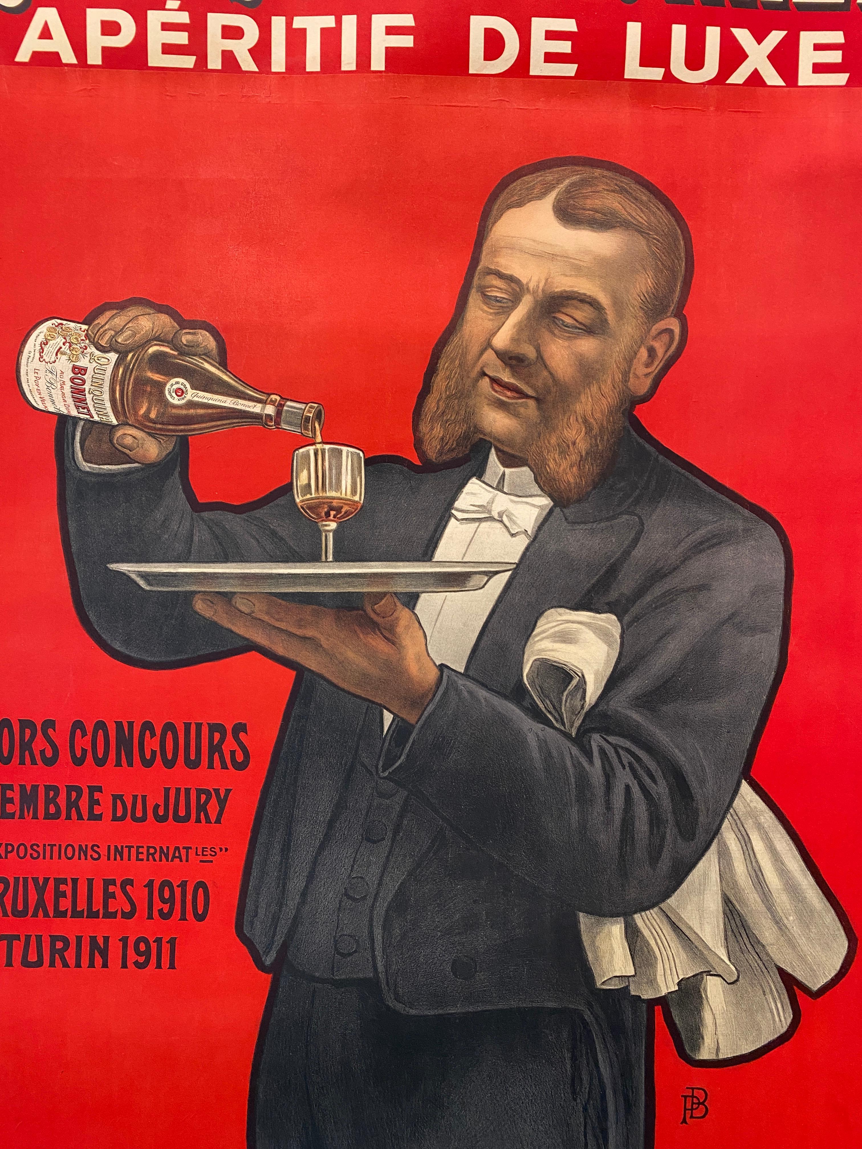 Art Deco Original französisches Plakat, 'Quinquina Bonnet Apéritif De Luxe' ca. 1925

Es handelt sich um ein originales Art Deco Vintage Plakat, das zum Schutz mit Leinen hinterlegt wurde. Die kräftige Hintergrundfarbe ist stark und hebt die Figur