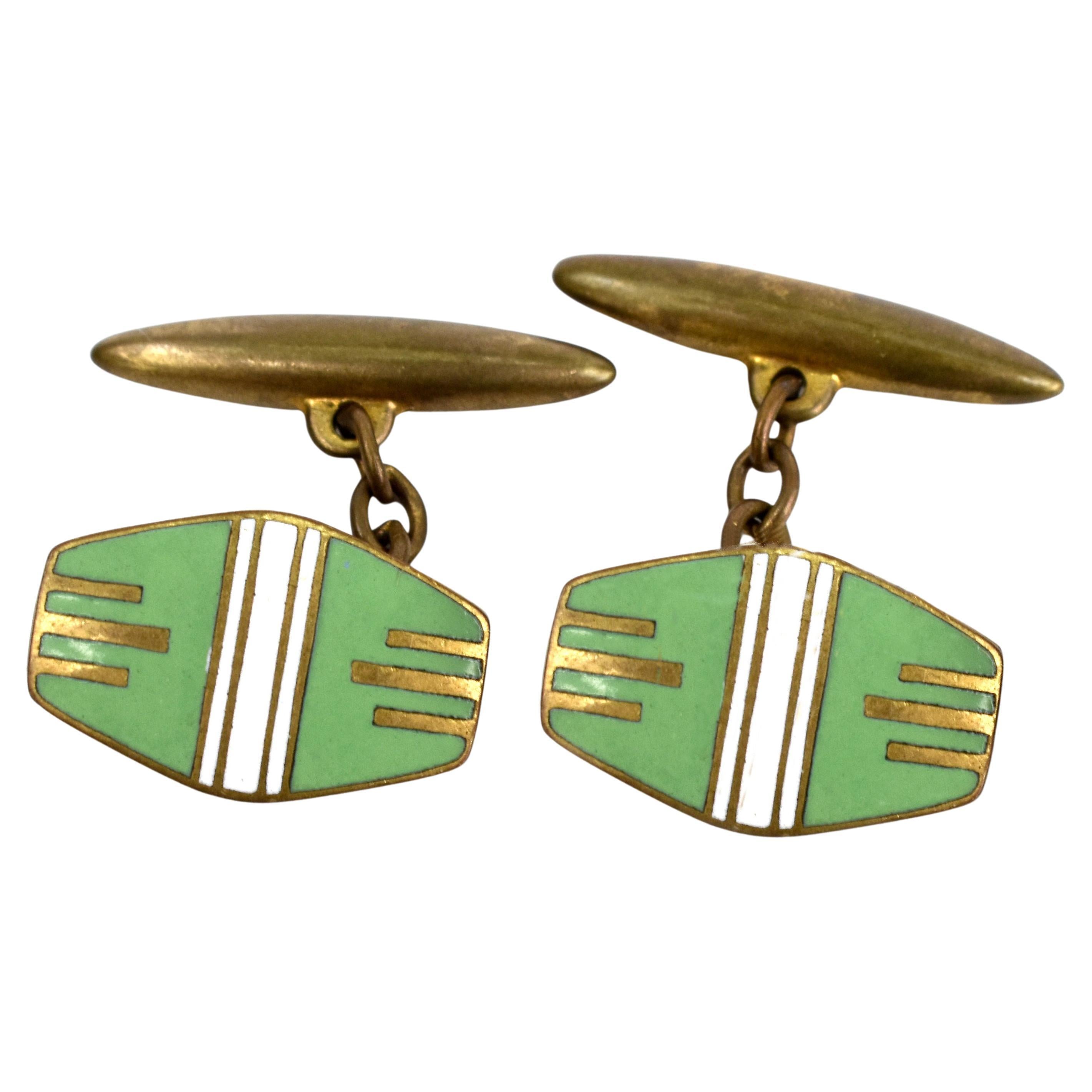 Gemelos originales Art Déco de caballero, esmalte verde y negro, ingleses, C1930
