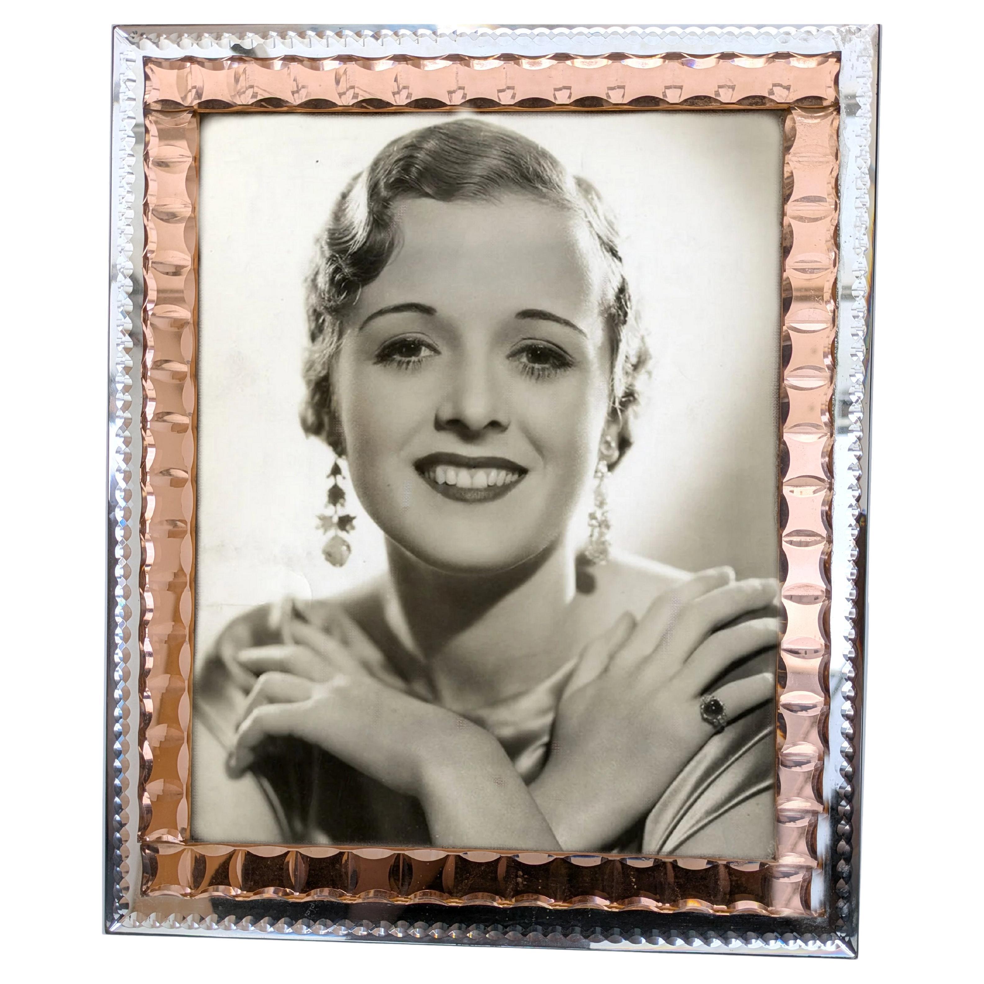 Art Deco Original Huge Peach Mirrored Bevelled Glass Picture Frame, circa 1930 For Sale