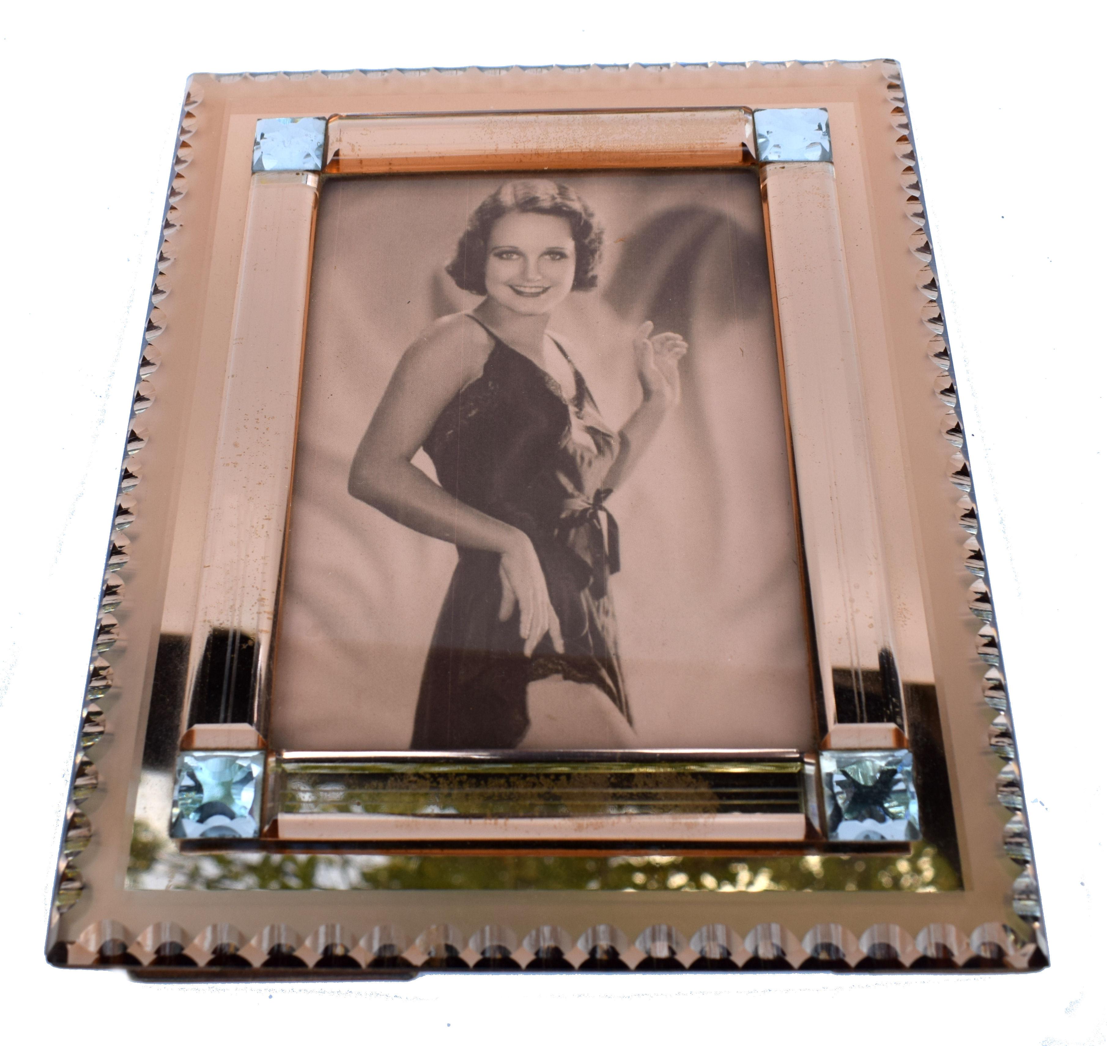 20th Century Art Deco Original Peach Mirrored Bevelled Glass Picture Frame, circa 1930 For Sale