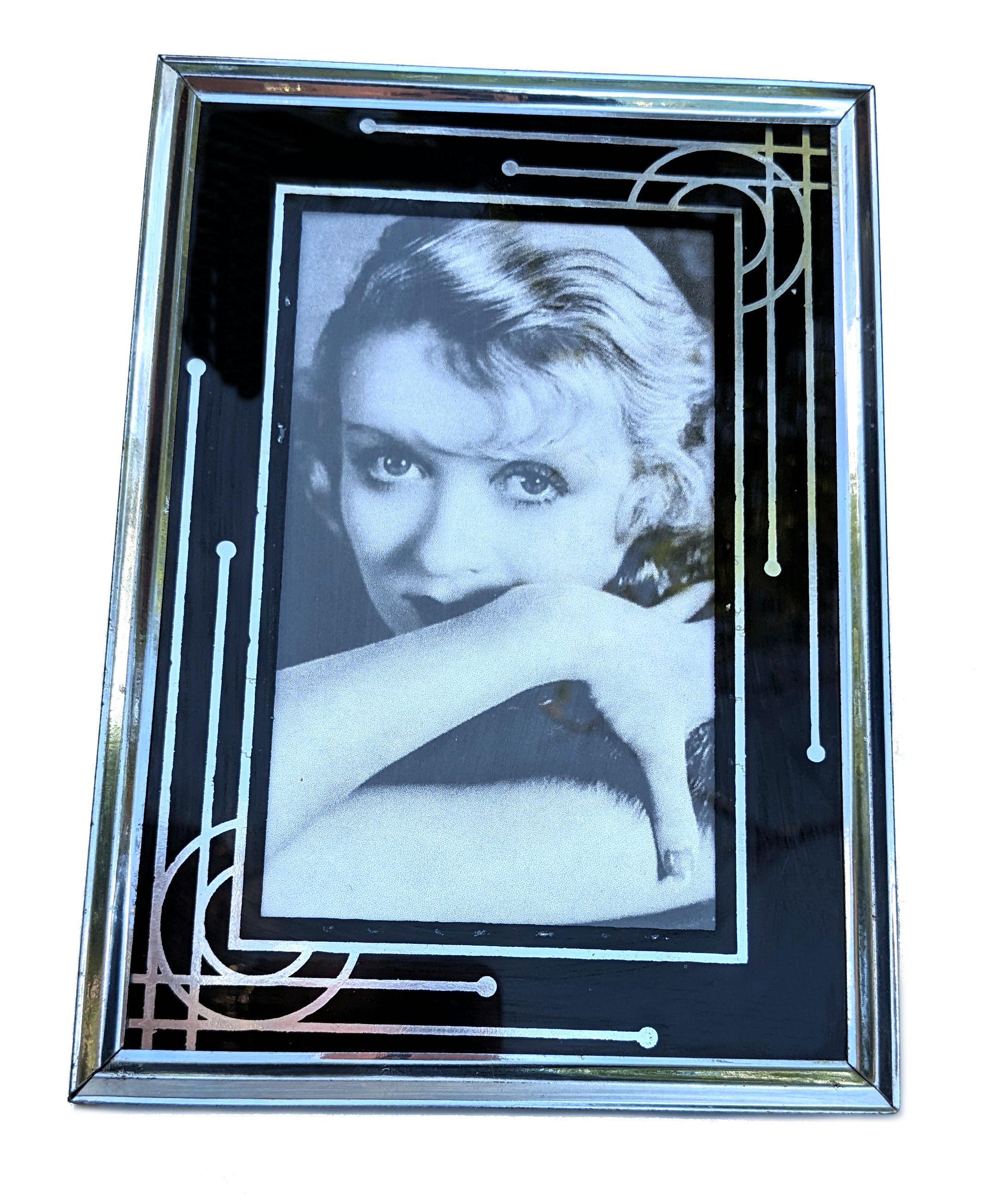 Aluminum Art Deco Original Reverse Painted Free Standing Picture Frame, c1930 For Sale