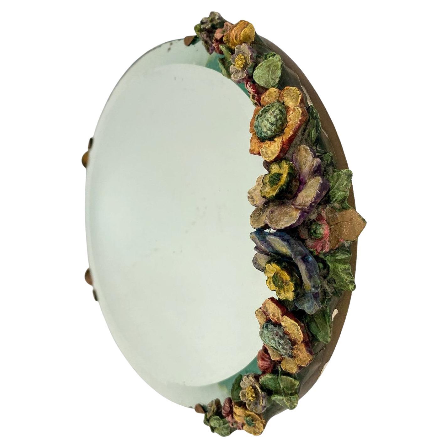 Art Deco Original Round Barbola Bevelled Mirror Floral, English, c1930 en vente 3