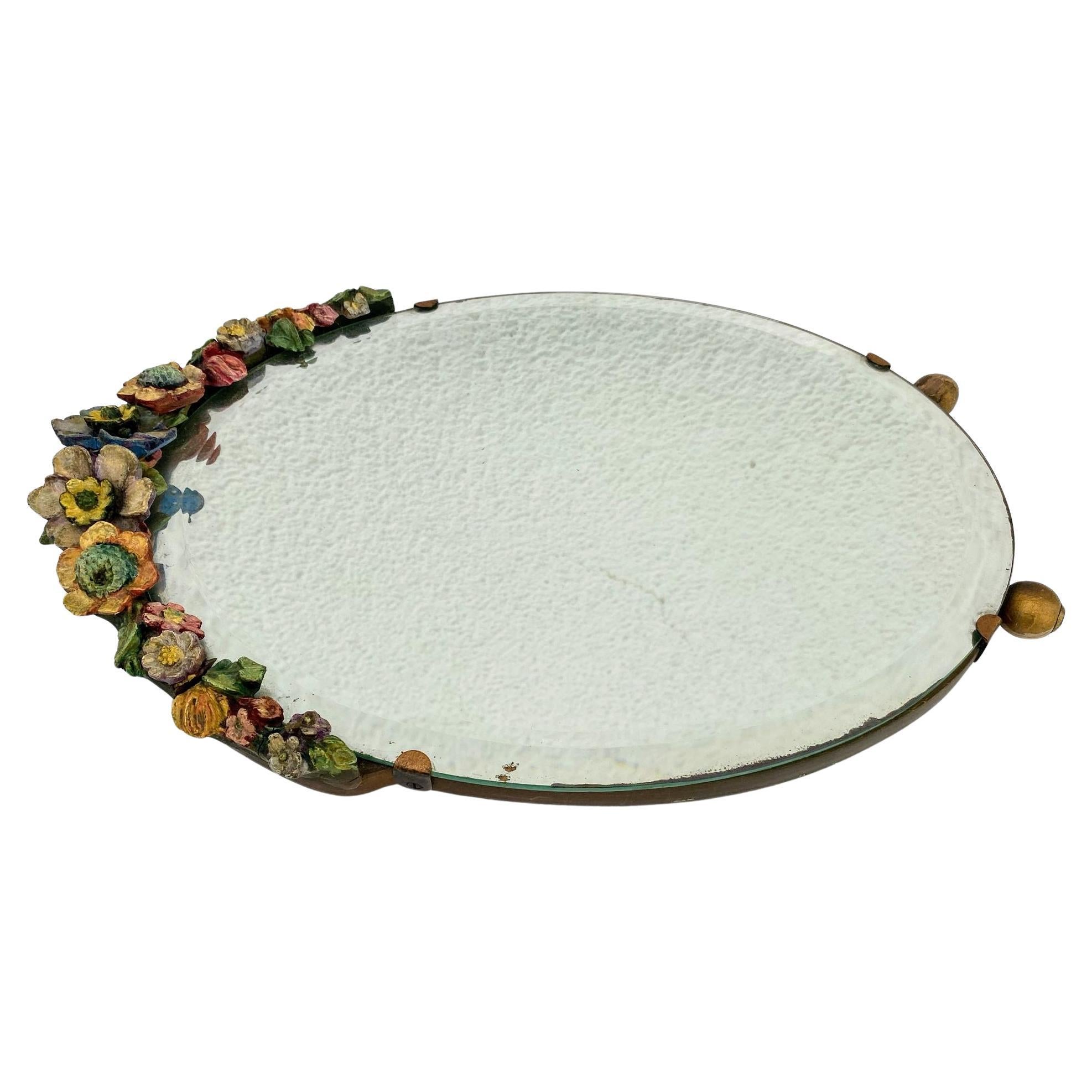 Art déco Art Deco Original Round Barbola Bevelled Mirror Floral, English, c1930 en vente