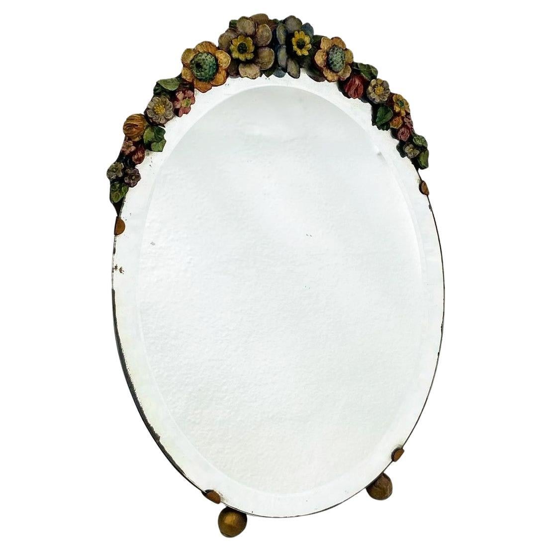 Anglais Art Deco Original Round Barbola Bevelled Mirror Floral, English, c1930 en vente