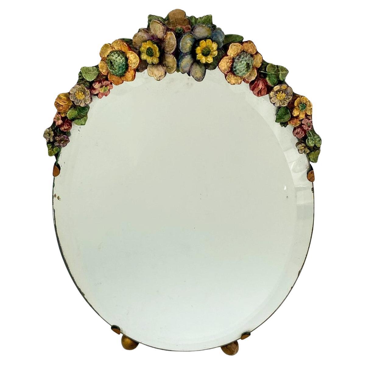Art Deco Original Round Barbola Bevelled Mirror Floral, English, c1930 Bon état - En vente à Devon, England