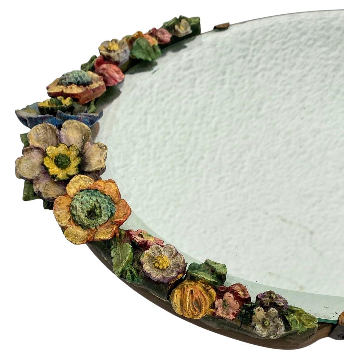 20ième siècle Art Deco Original Round Barbola Bevelled Mirror Floral, English, c1930 en vente