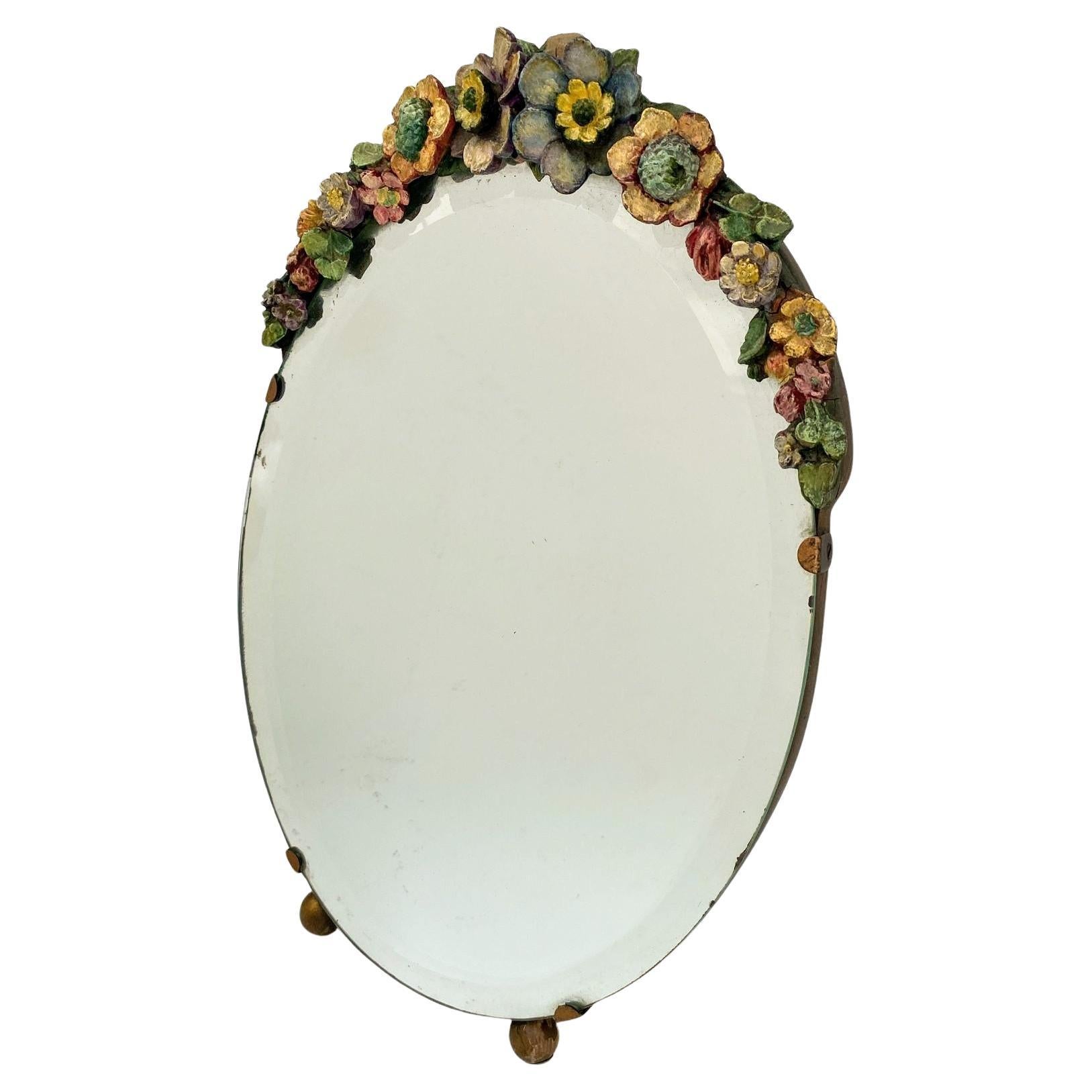 Miroir Art Deco Original Round Barbola Bevelled Mirror Floral, English, c1930 en vente