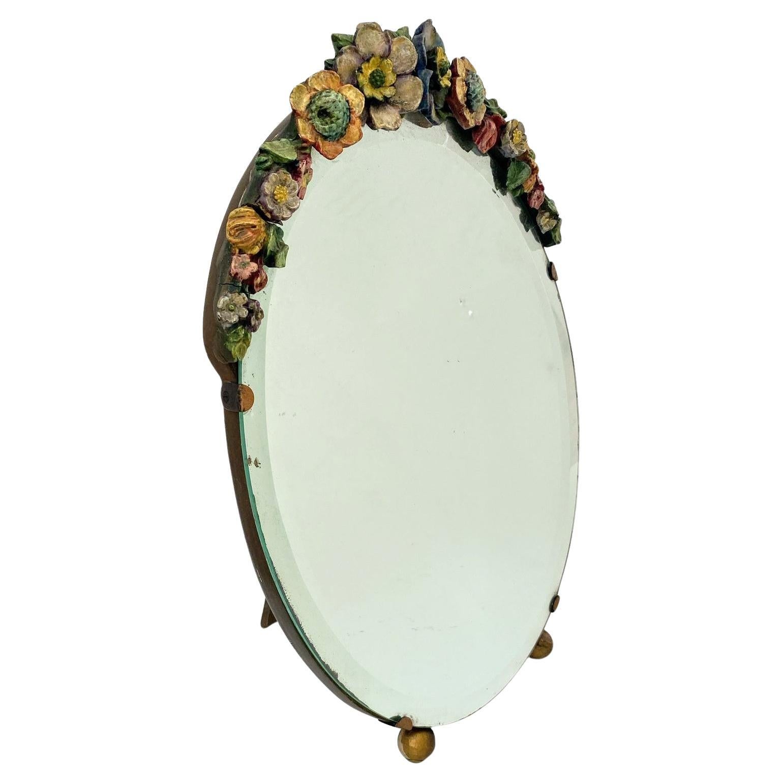 Art Deco Original Round Barbola Bevelled Mirror Floral, English, c1930 en vente 1