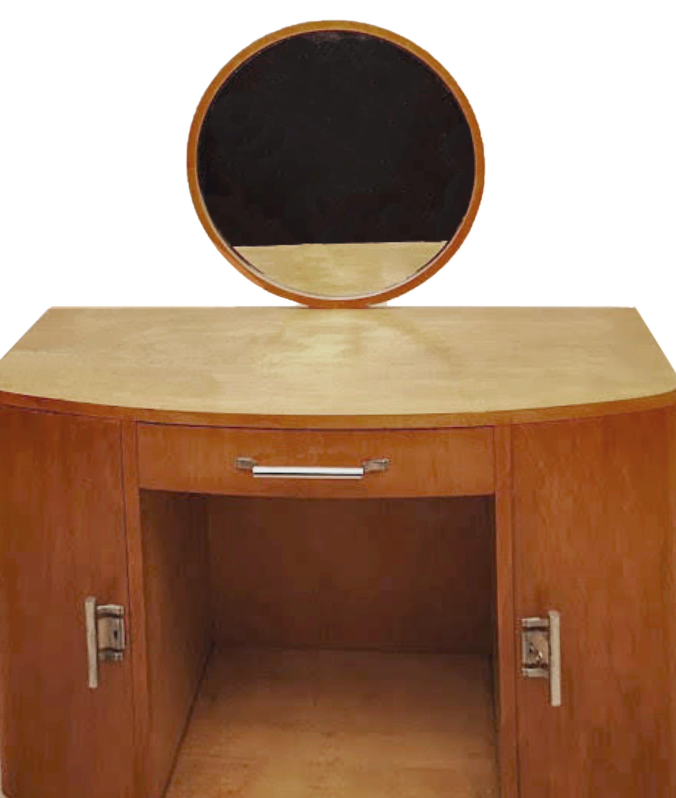 A spruce wood vanity dressing table with removable round mirror and blue satin bench.
Order, color, geometry, words that define the Art Deco world. 
In Portugal, examples like this one were created for refurbishing the new Art Deco apartments of the