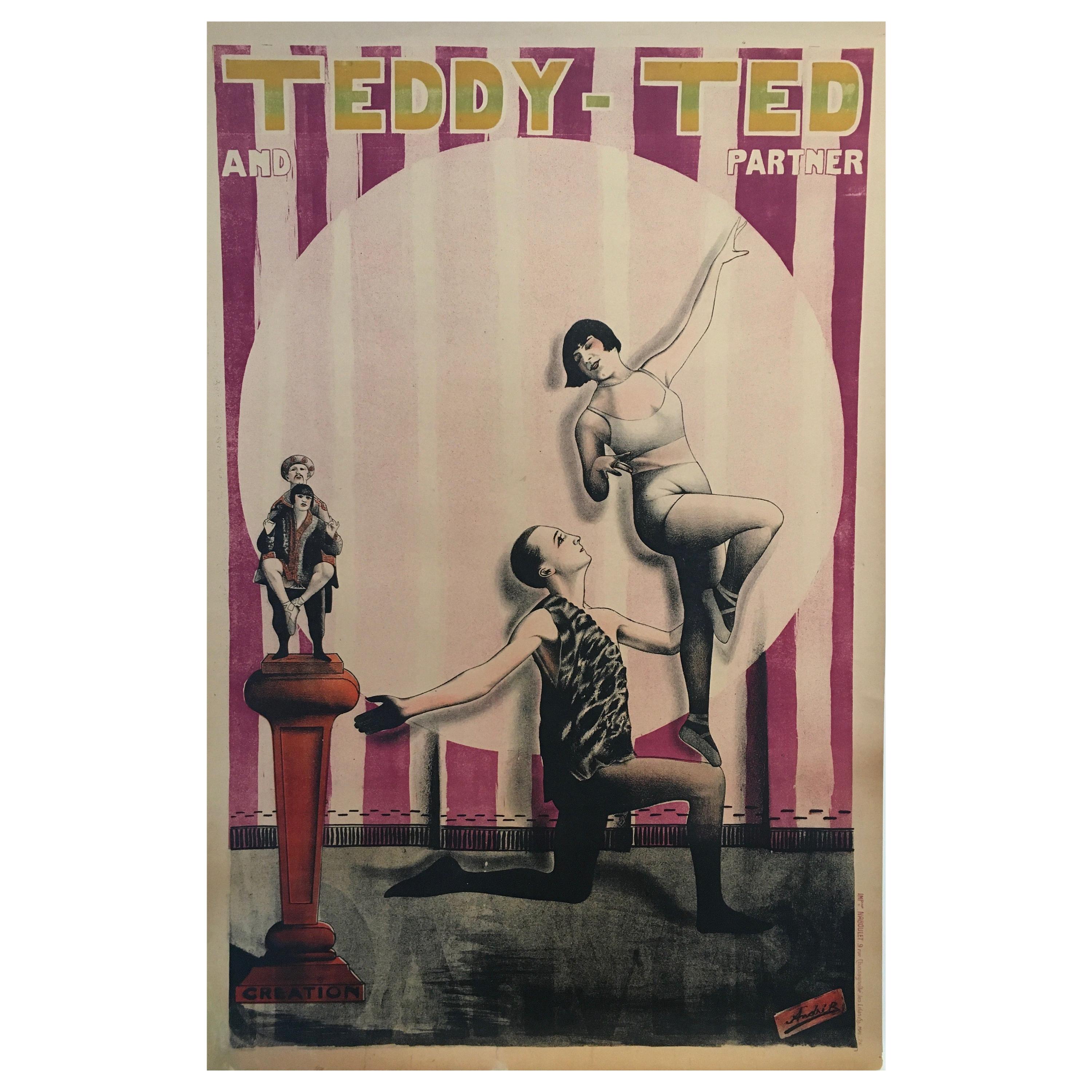 Affiche d'origine de cirque français Art Déco vintage « Teddy-Ted And Partner », 1926 en vente