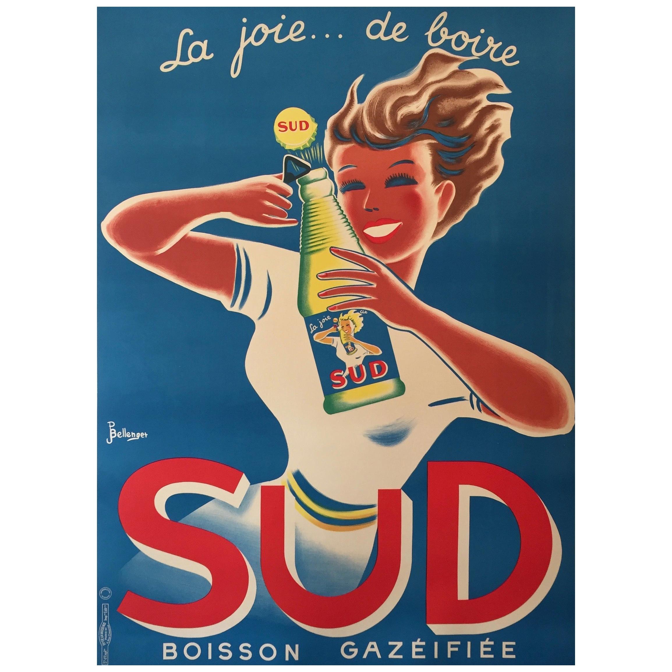 Art Deco Original Vintage French Lithograph Poster, 'SUD' by Bellenger, 1940