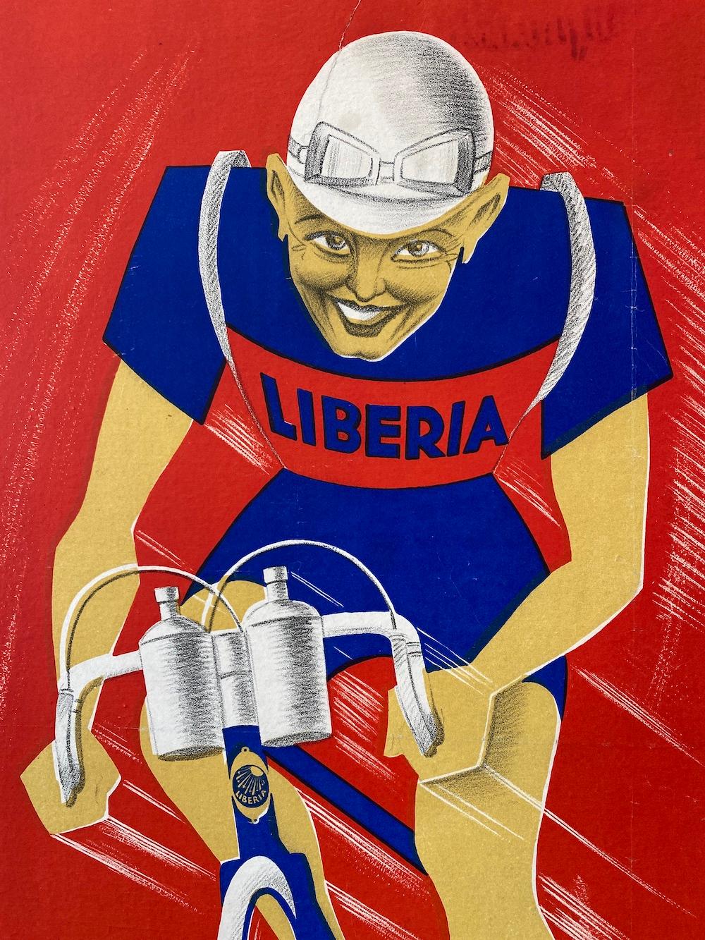 Art Deco Original Vintage Poster, 'LIBERIA CYCLING', 1934 

This is an original vintage poster from 1934 advertising the French road bike frame, Liberia. This poster is mounted onto linen, a common preservation technique.