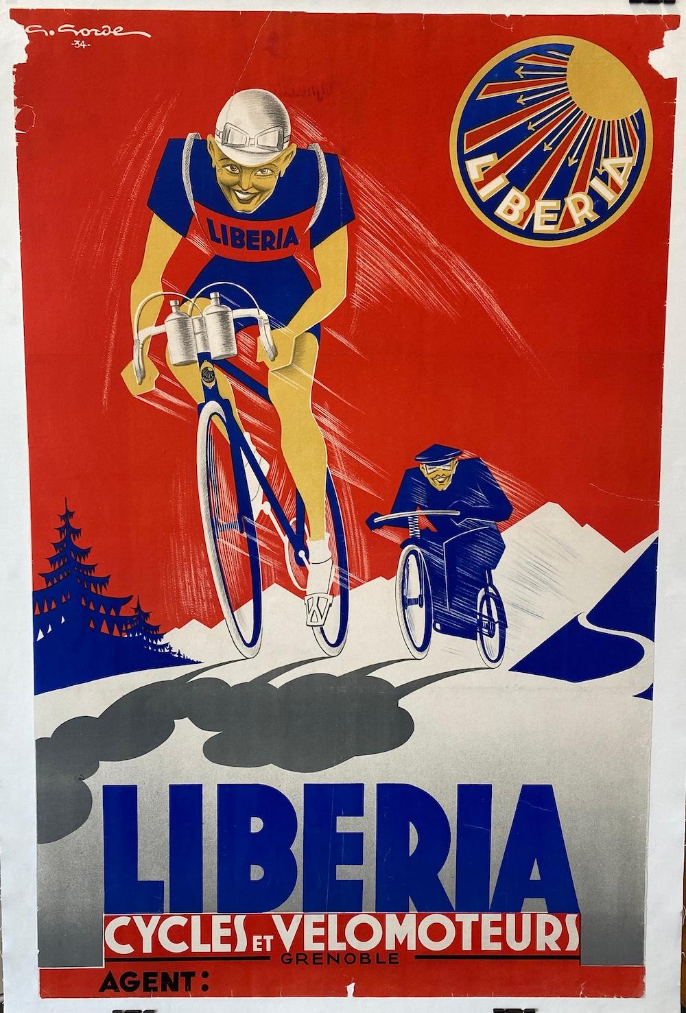 Milieu du XXe siècle Art Deco Original Vintage Poster, 'LIBERIA CYCLING', 1934 en vente