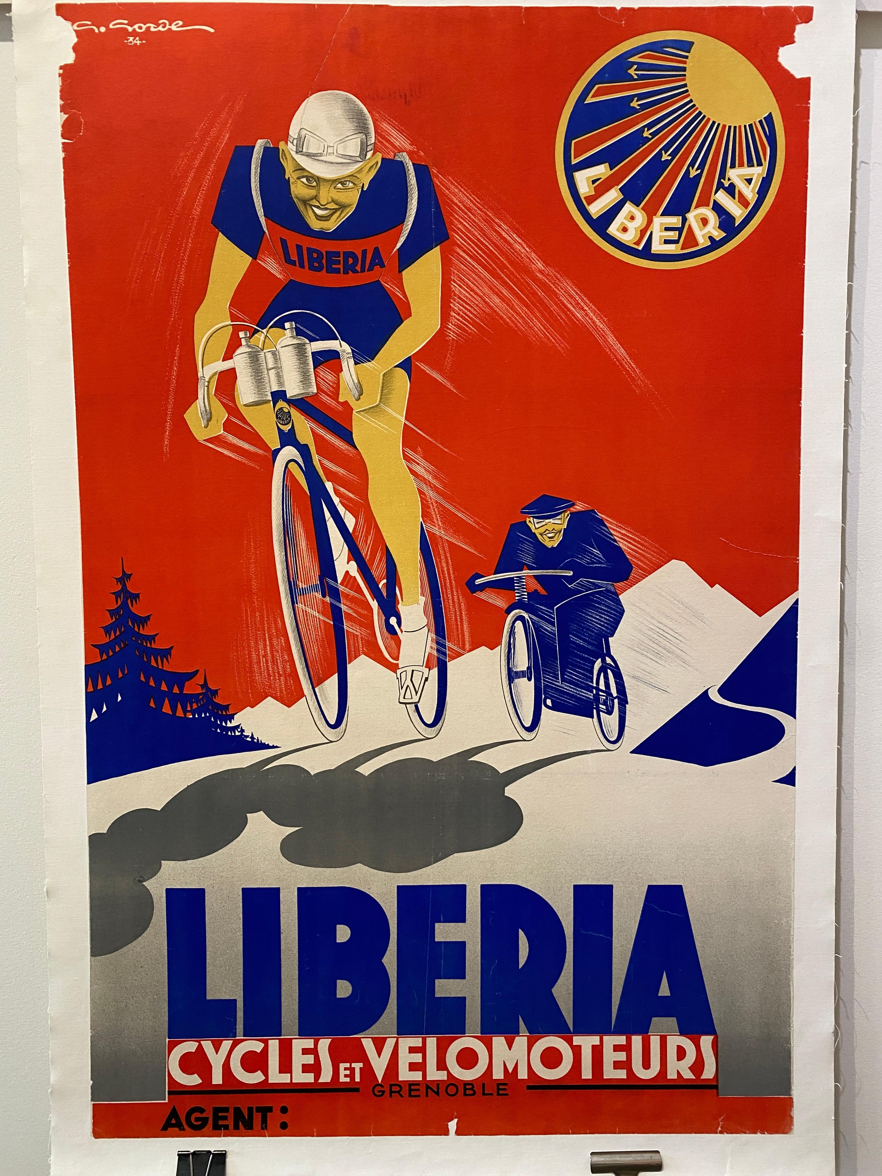 Art Deco Original Vintage Poster, 'LIBERIA CYCLING', 1934 en vente 1