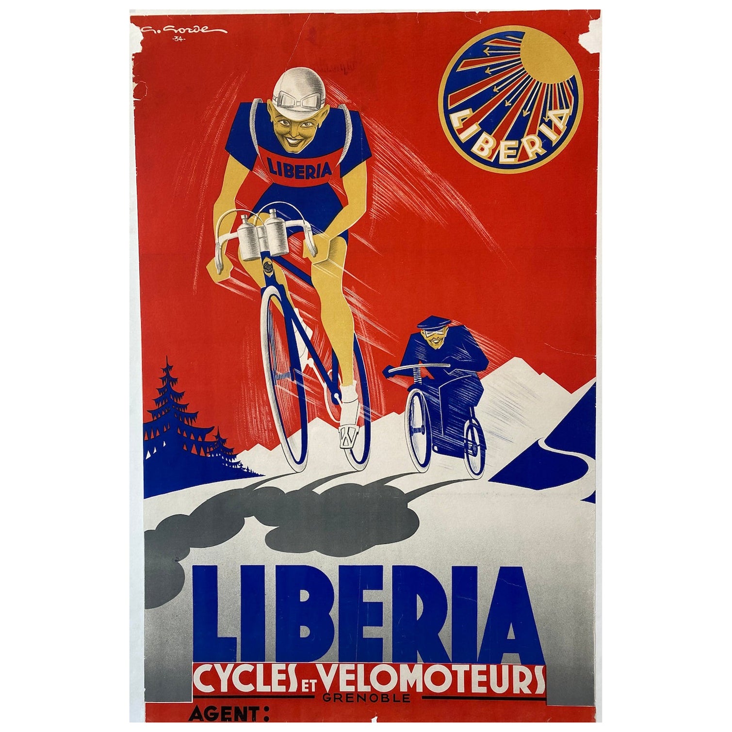 Art Deco Original Vintage Poster, 'LIBERIA CYCLING', 1934