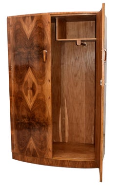 Art Deco Original Walnut Bow Fronted Double Wardrobe, England, circa 1930