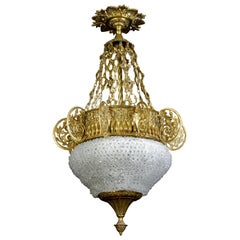 Art Deco Ormolu and Murano Glass Majestic Lantern Chandelier, 1930