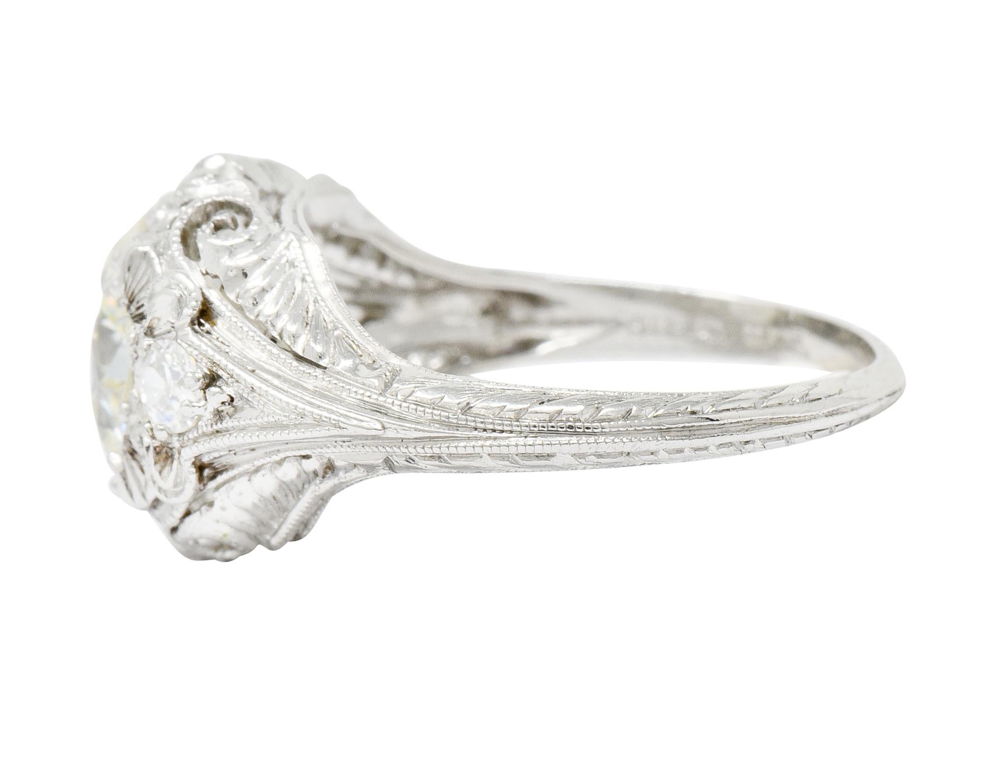 Art Deco Ornate 2.09 Carat Diamond Platinum Floral Engagement Ring In Excellent Condition In Philadelphia, PA