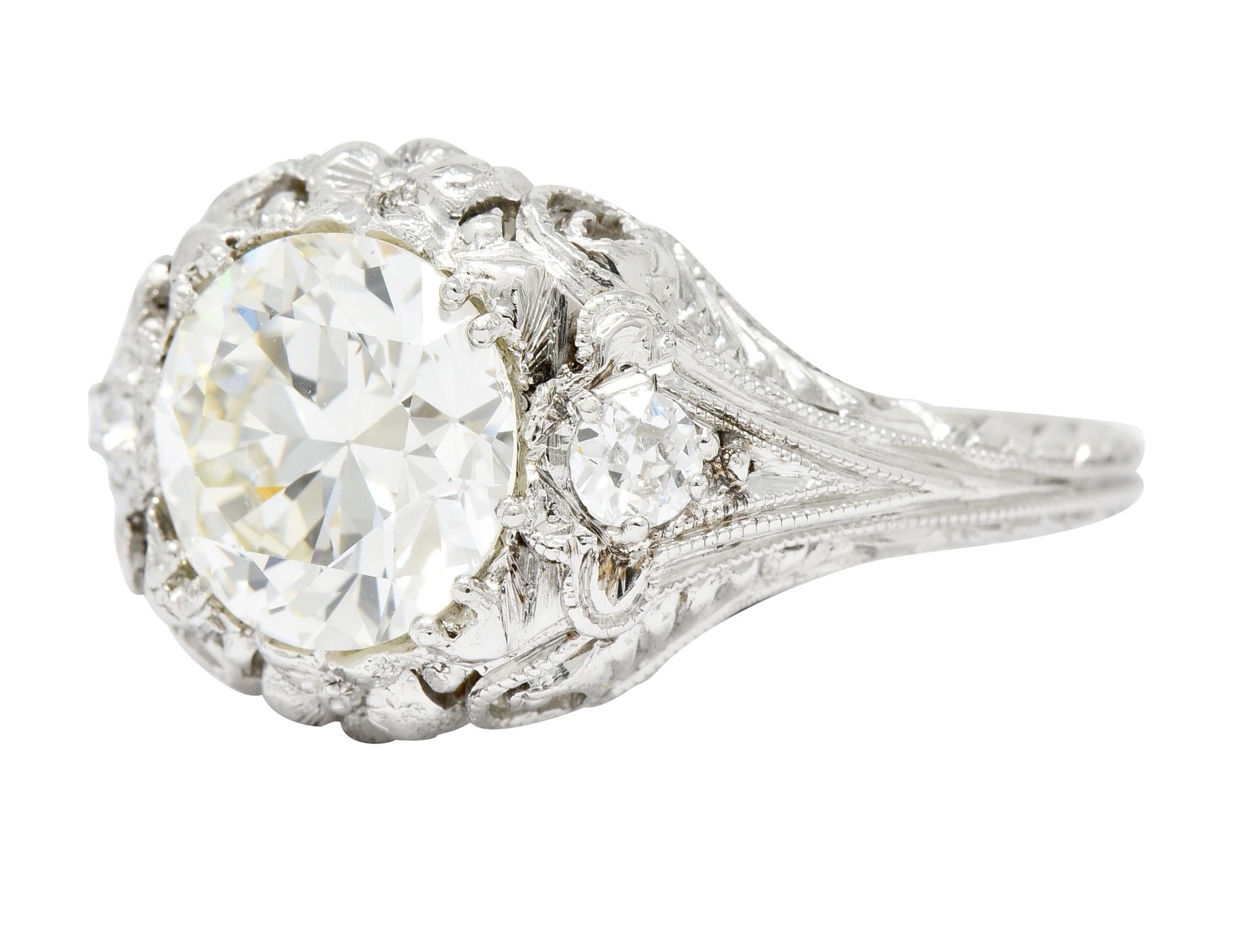 Women's or Men's Art Deco Ornate 2.09 Carat Diamond Platinum Floral Engagement Ring