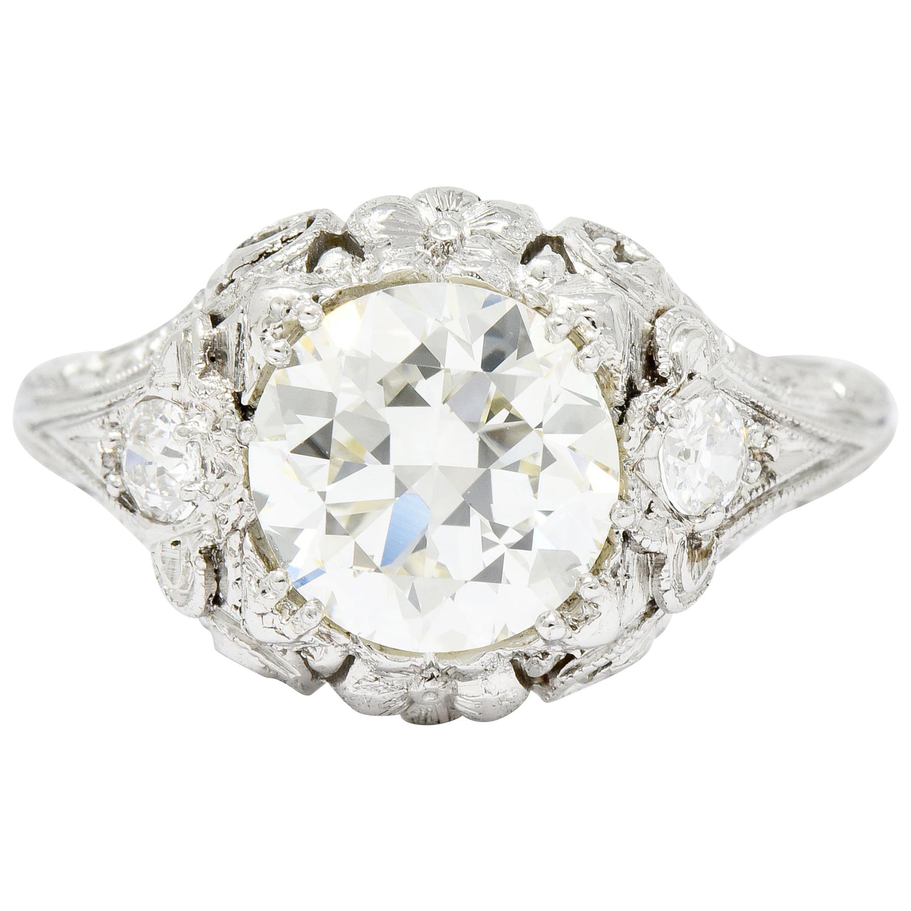 Art Deco Ornate 2.09 Carat Diamond Platinum Floral Engagement Ring