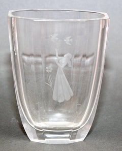 Art Deco Orrefors Intaglio Crystal Vase Girl With Birds Sweden Vicke Lindstrand