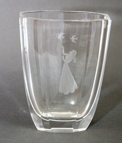 Art Deco Orrefors Intaglio Crystal Vase Girl With Birds Sweden Vicke Lindstrand