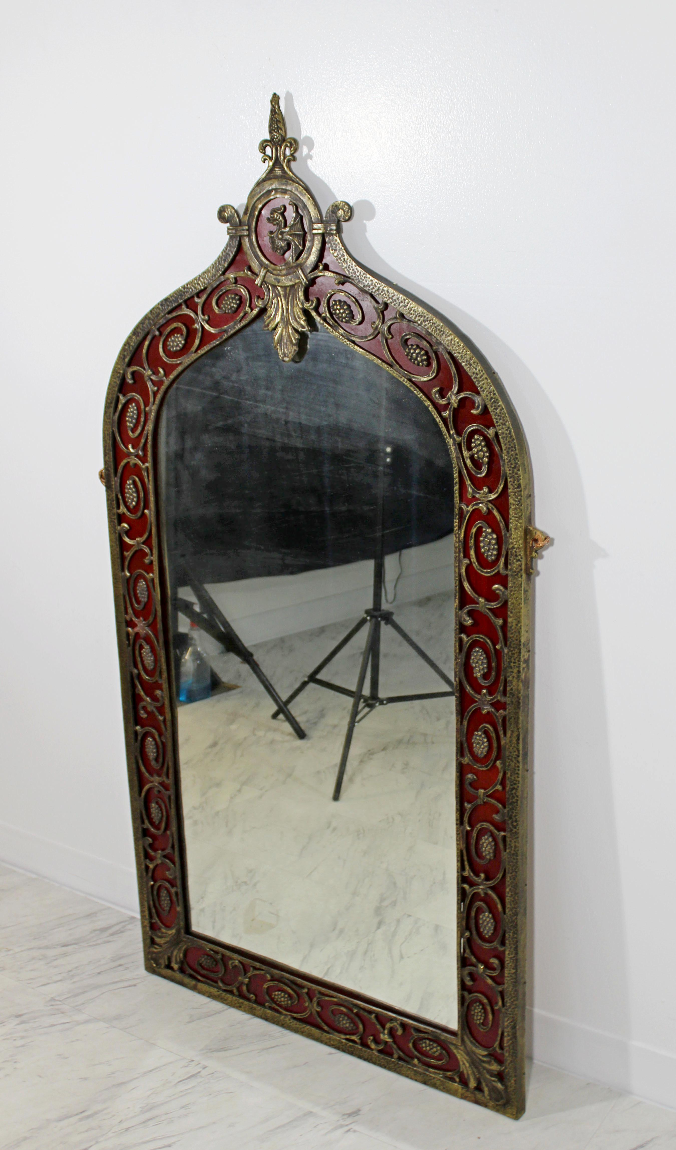 Art Deco Oscar Bach Large Ornate Bronze Red Painted Wall Mirror 1920s German In Good Condition In Keego Harbor, MI