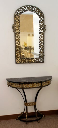 Art Deco Oscar Bach Mirror Marble Wrought Iron Console Table, 1920s
