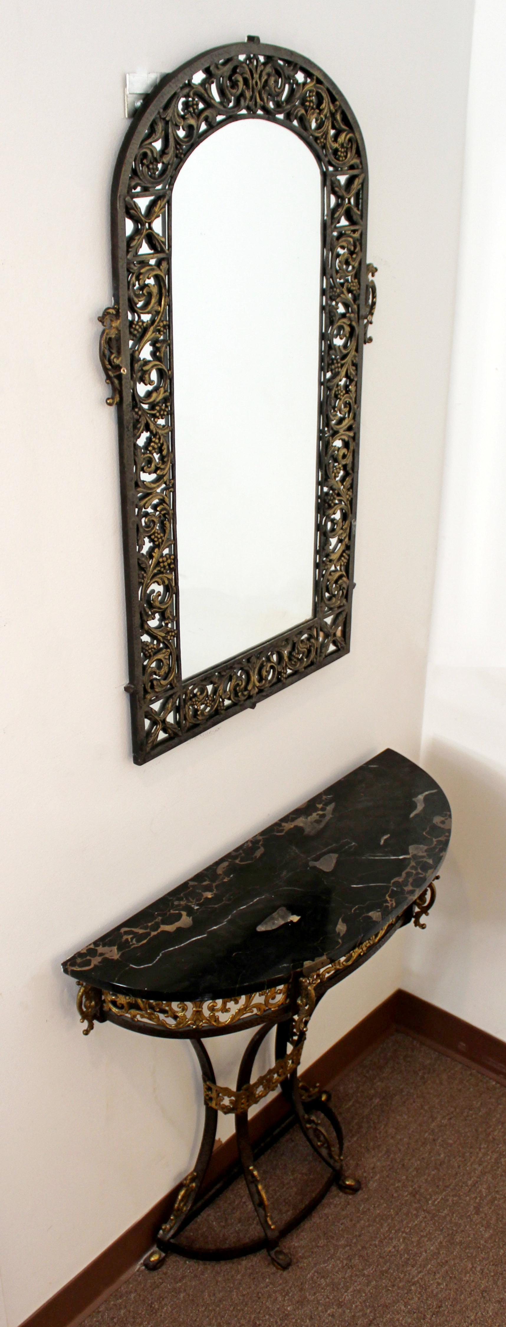 American Art Deco Oscar Bach Mirror Marble Wrought Iron Console Table, 1920s